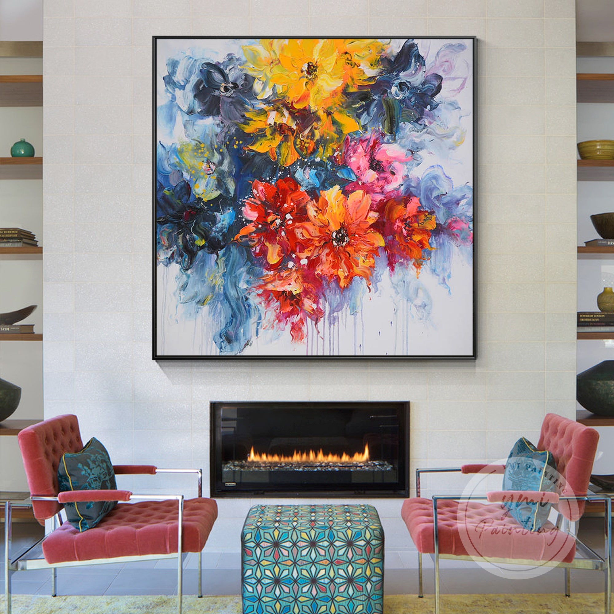 Add a modern flair to your bedroom with this dynamic floral artwork, filled with colorful petals and lively brushstrokes that exude energy.