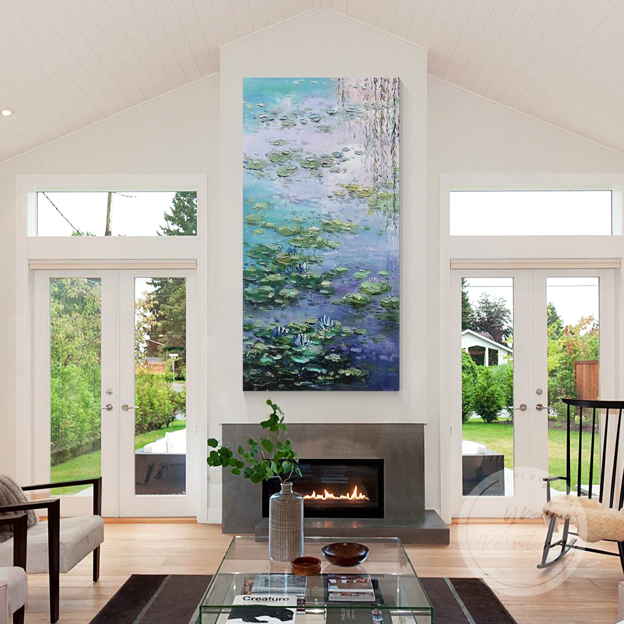 Monet-inspired water lily and lotus pond painting in green,purple, and gray hues.