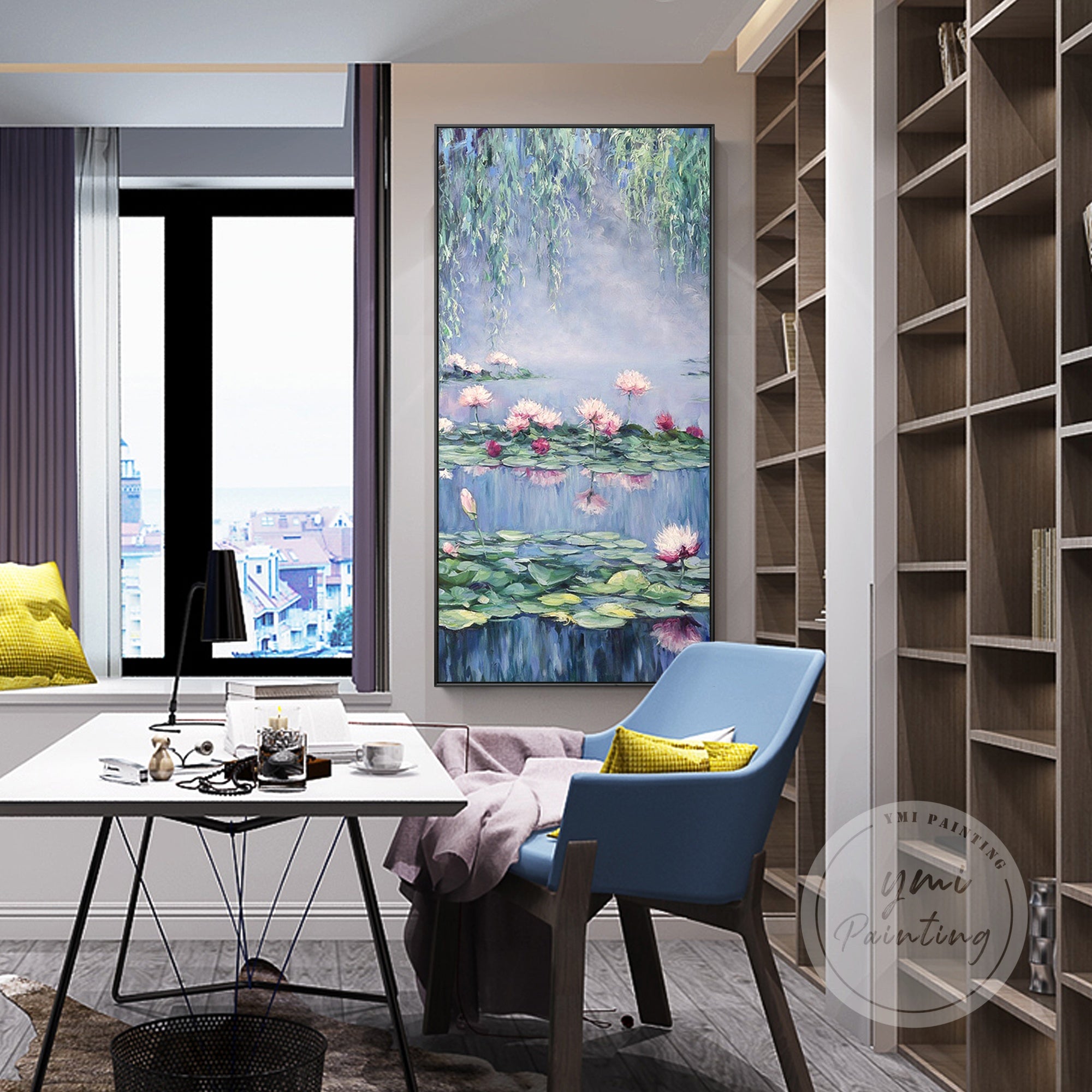 Impressionist Lotus Pond Canvas featuring dreamy blues and greens, ideal for bedroom or hallway decor.