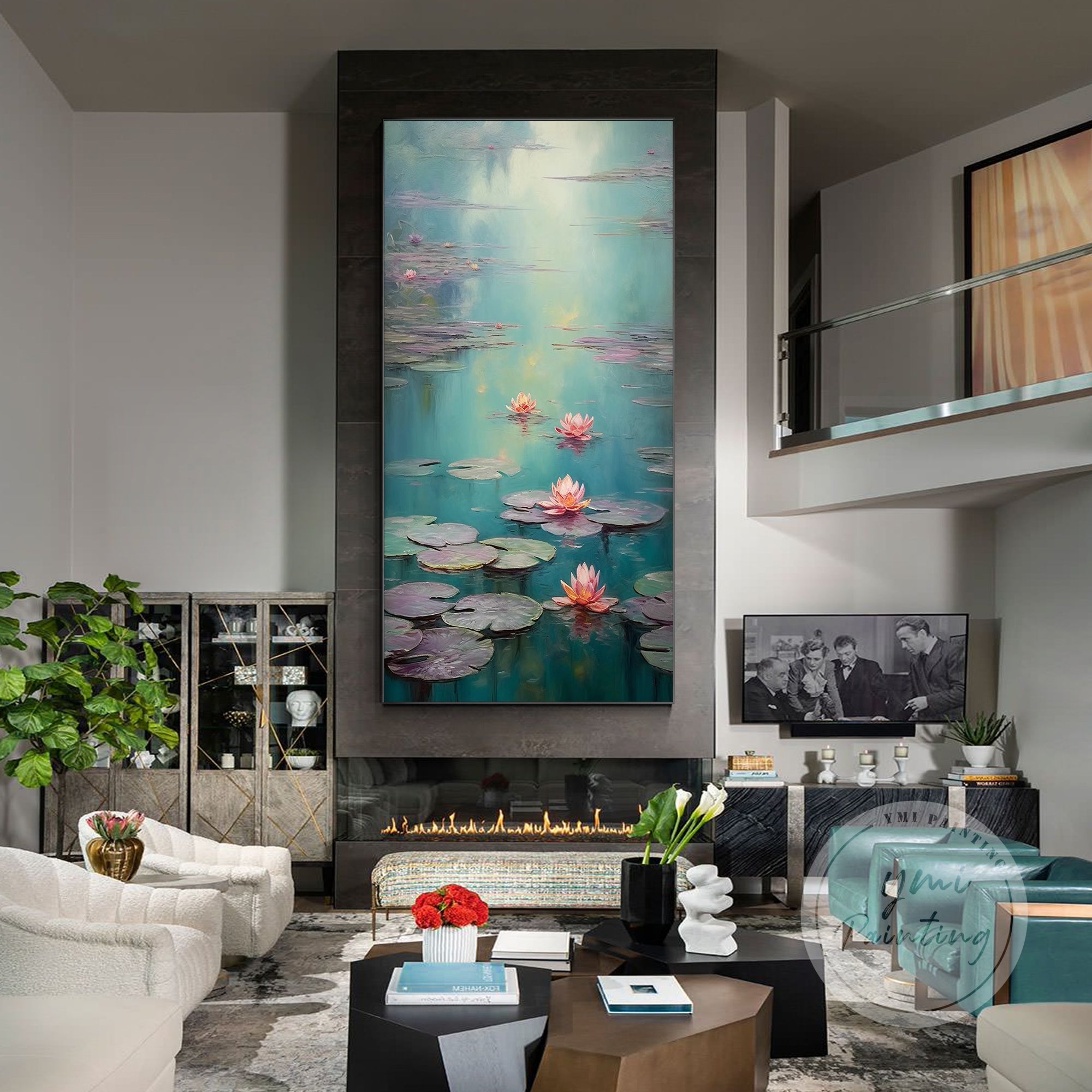 Large pink lotus painting with blue pond background.