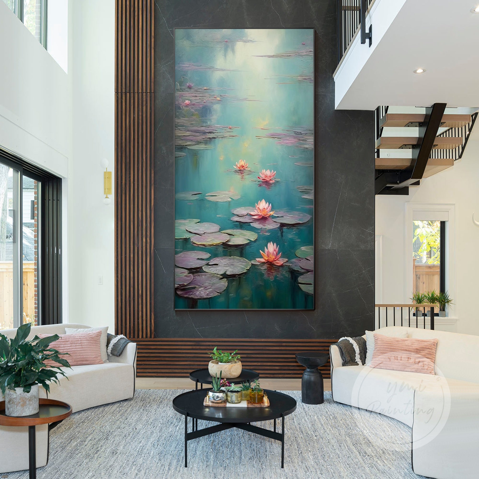 Blue and purple abstract pond art with floating flowers.