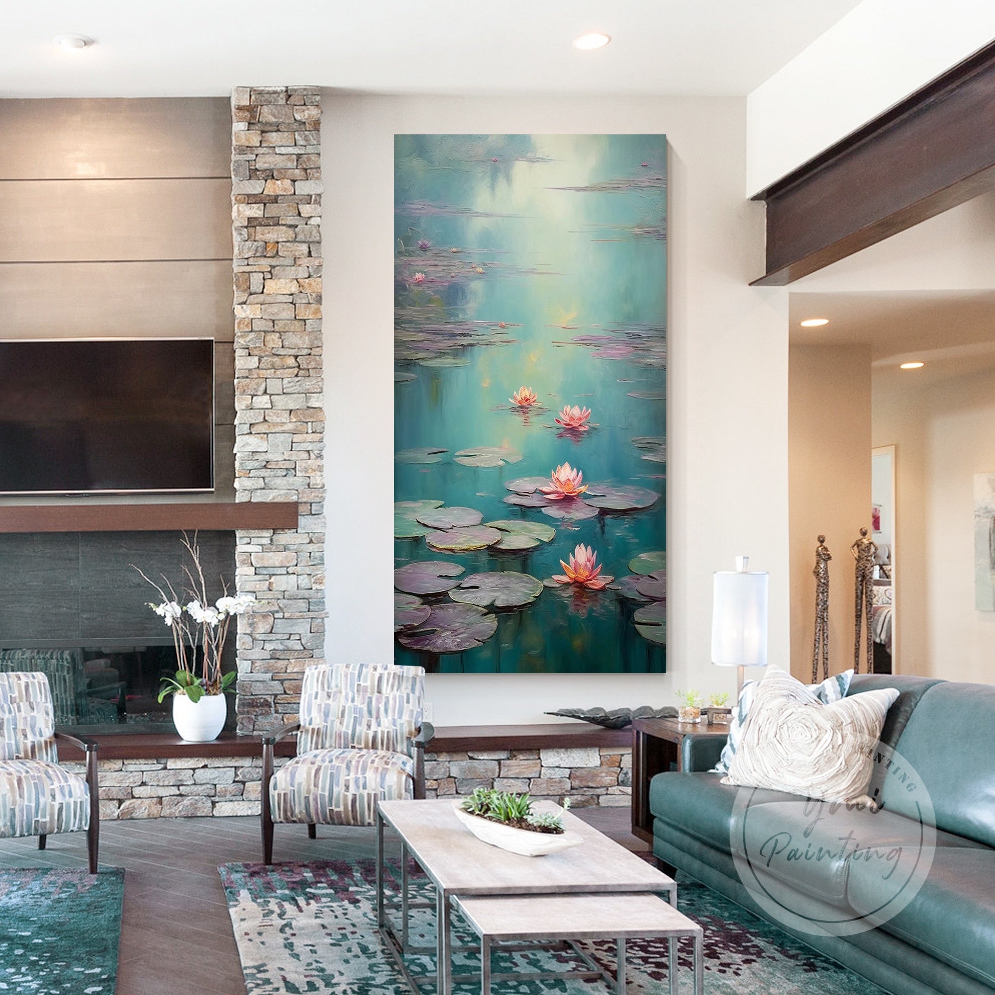 Framed Monet-style wall art featuring lotus blossoms.