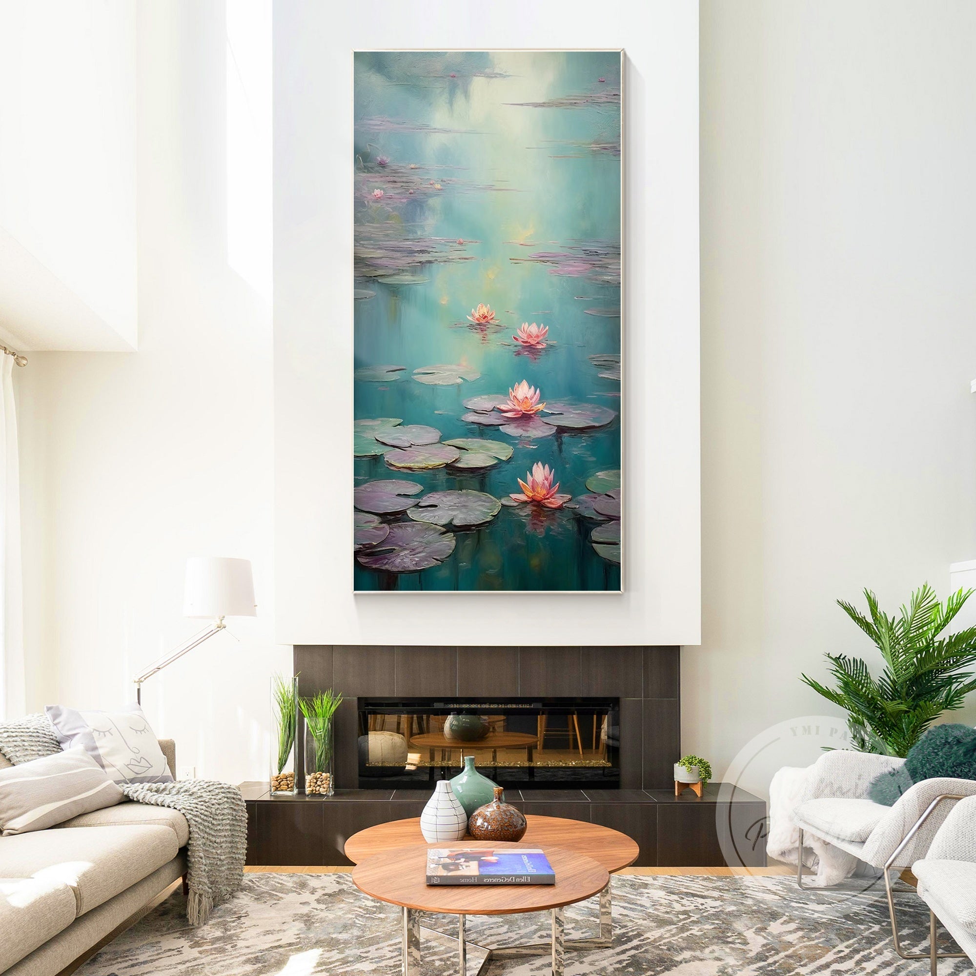 Textured canvas painting of a flower-filled pond.