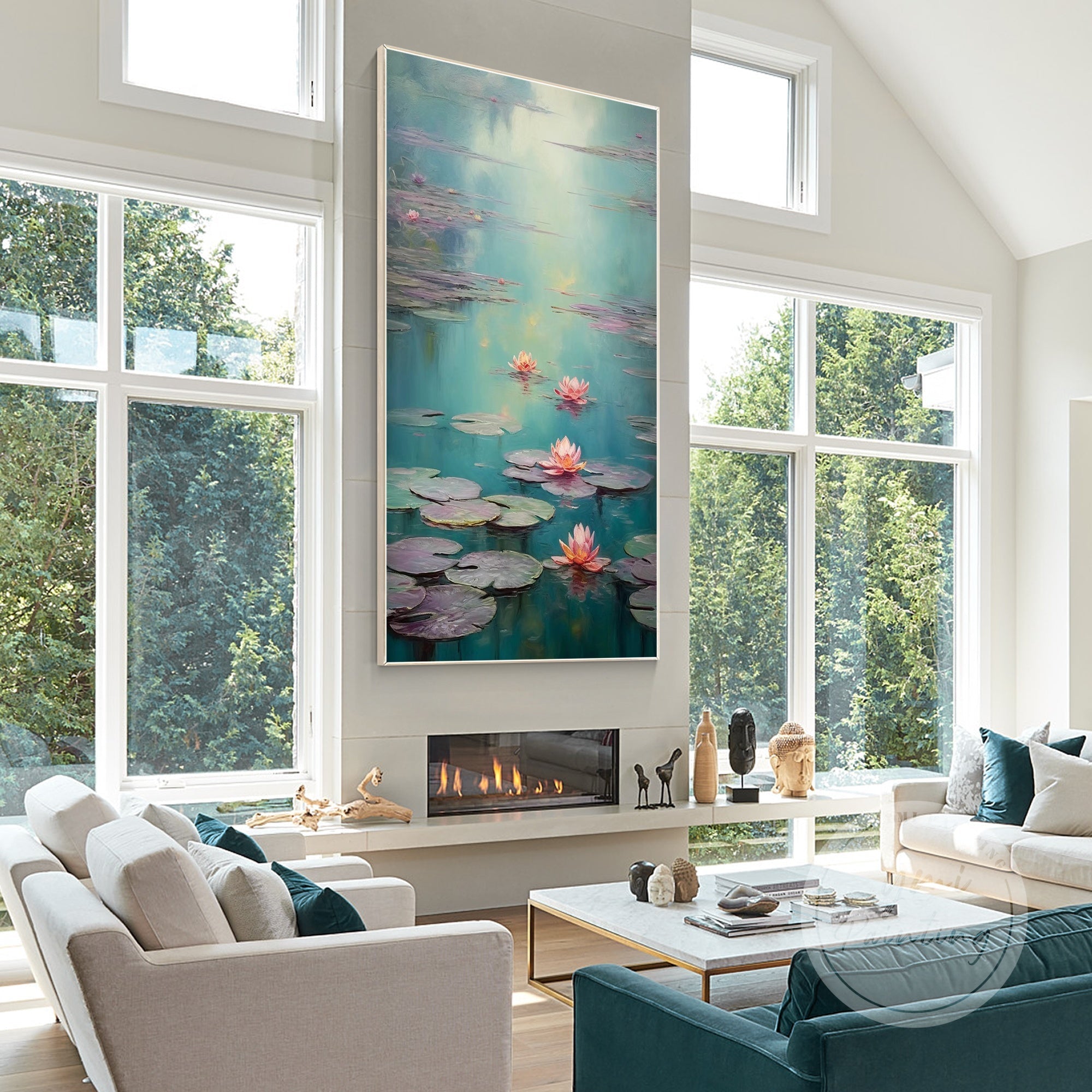 Impressionist pond decor with pink water lilies.