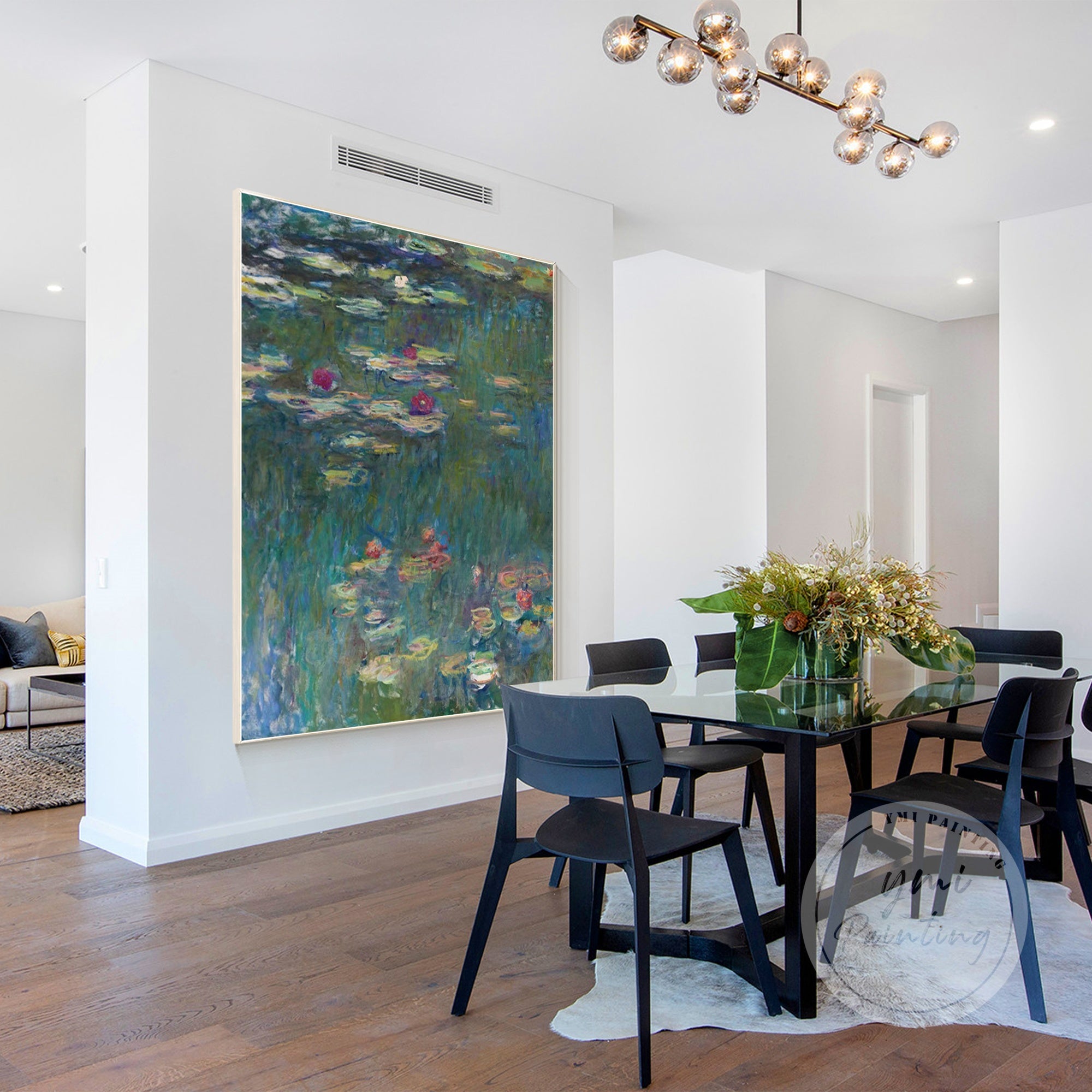 Floating framed wall decor of a pond scene.