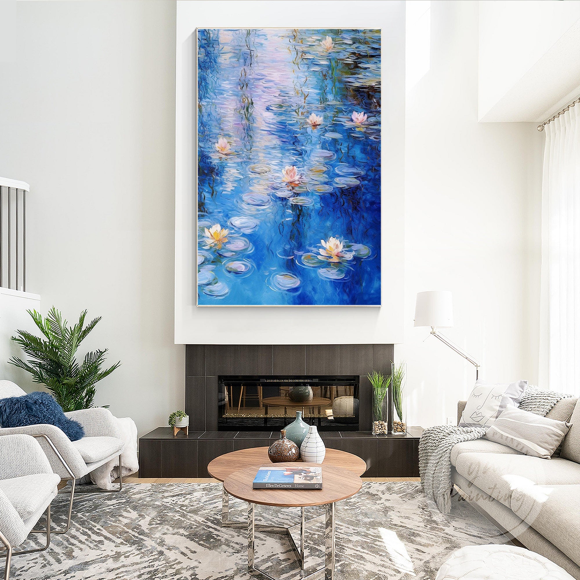 Large Monet-style painting with water lilies on a pond.