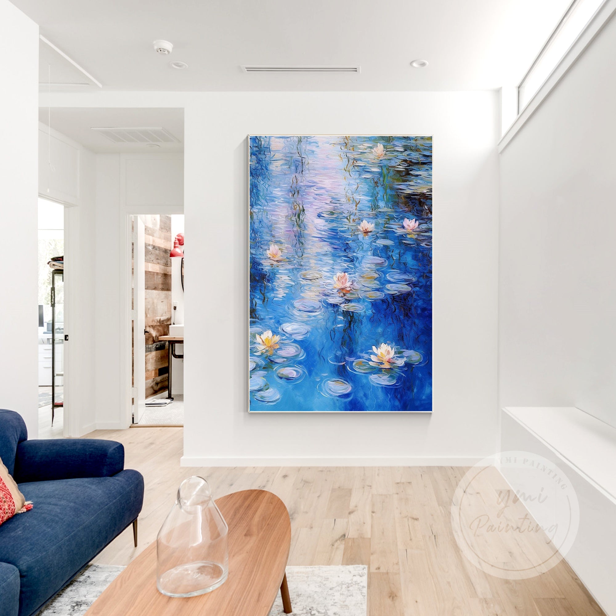 Blue and green tones in framed Monet-inspired artwork.