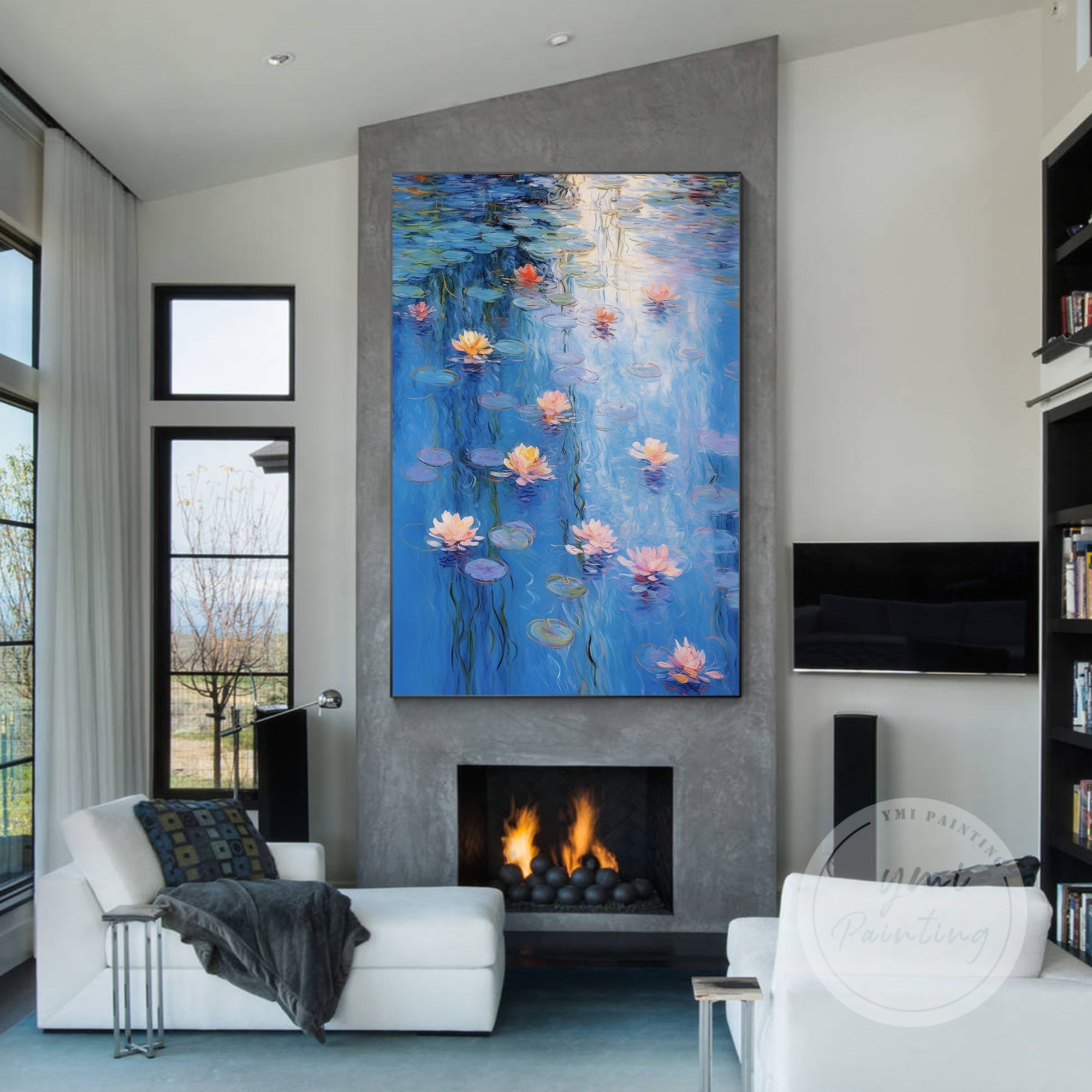 Framed canvas art featuring blooming water lilies.