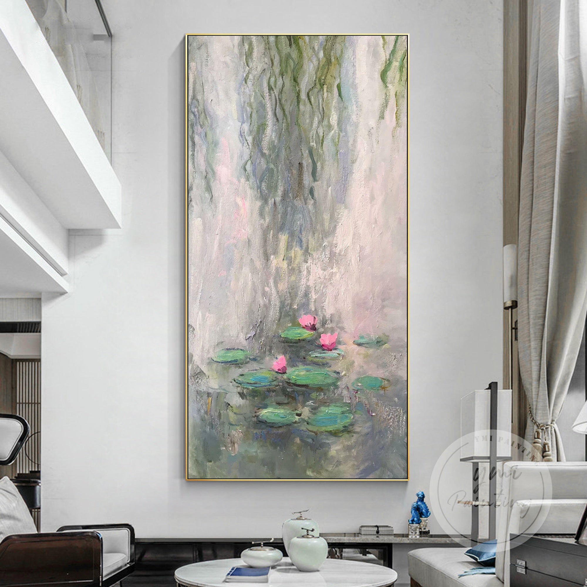 Abstract Landscape Watercolor Painting of a lotus pond, channeling Monet's impressionist style with soft pastel hues.