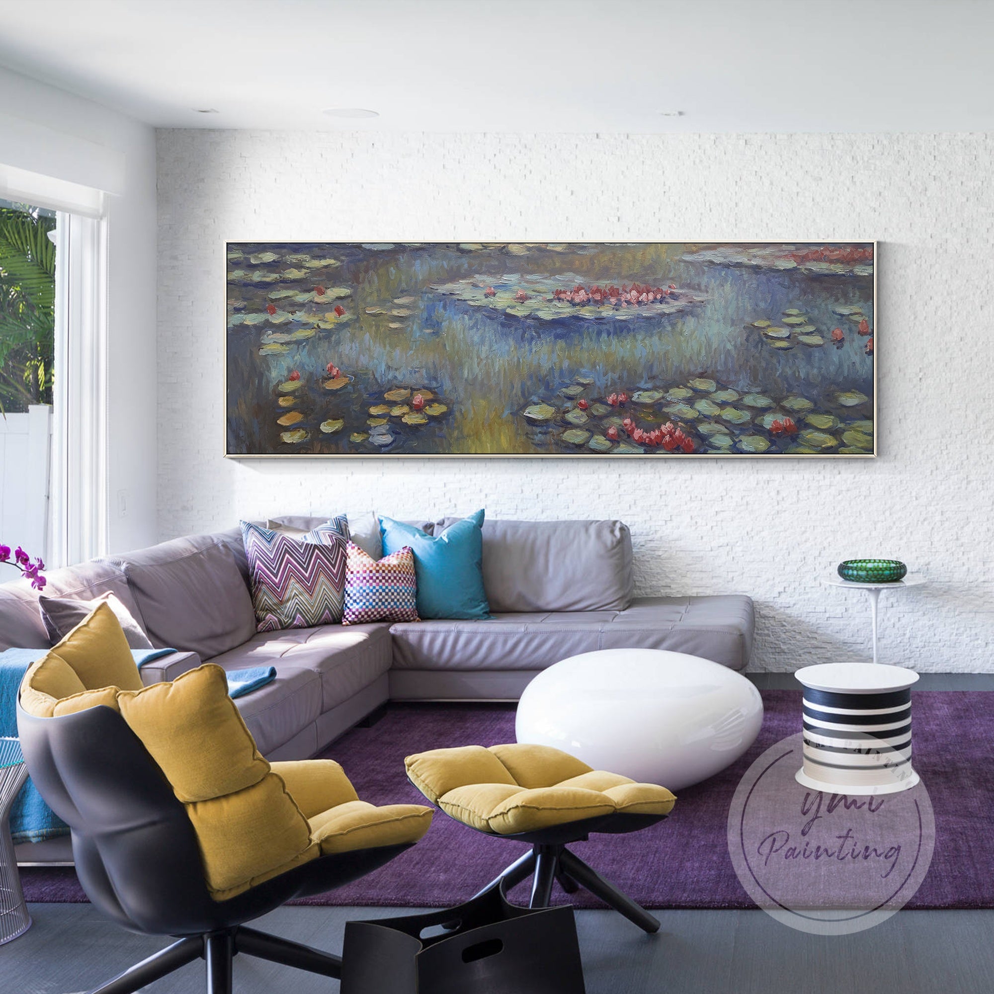 Long canvas Monet-style painting of water lilies and lotus pond in calming tones.