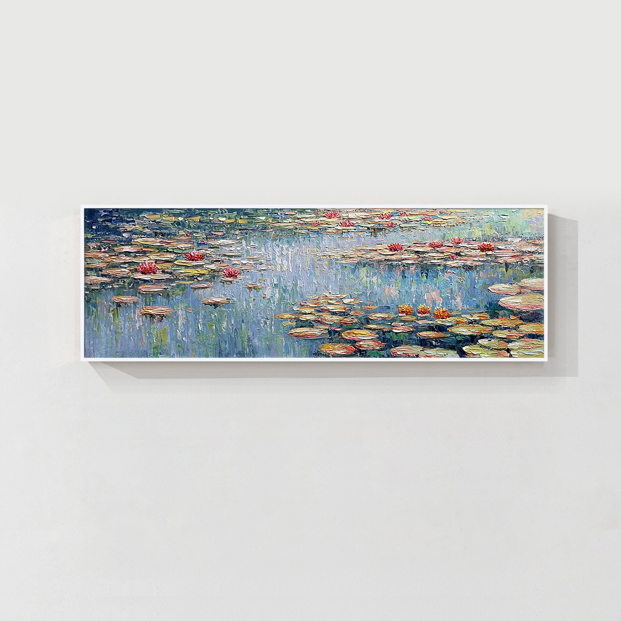 Monet painting of serene water lilies in a calming green and blue tone, creating a tranquil atmosphere.