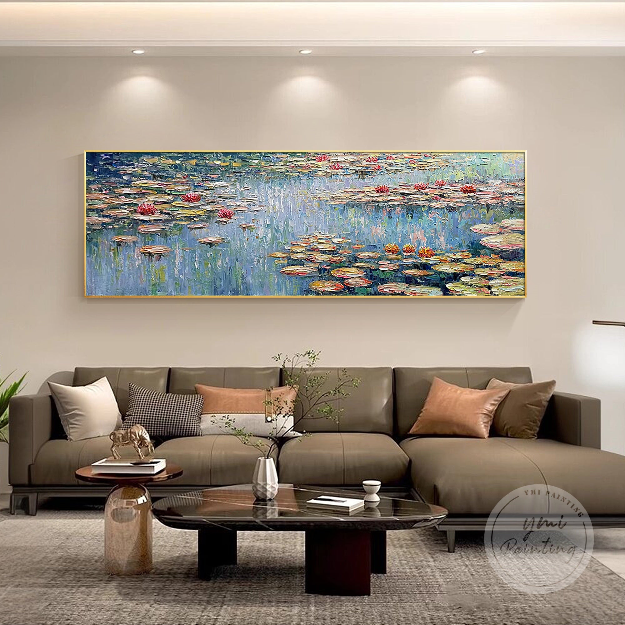 Long horizontal canvas painting of Claude Monet’s iconic water lilies in soft green and blue hues.