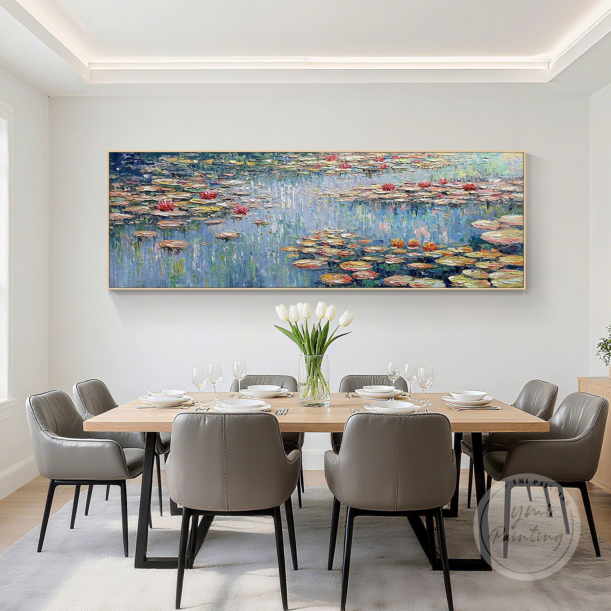 Large flower oil painting in Monet’s signature style, capturing the beauty of a lotus pond in green and blue tones.