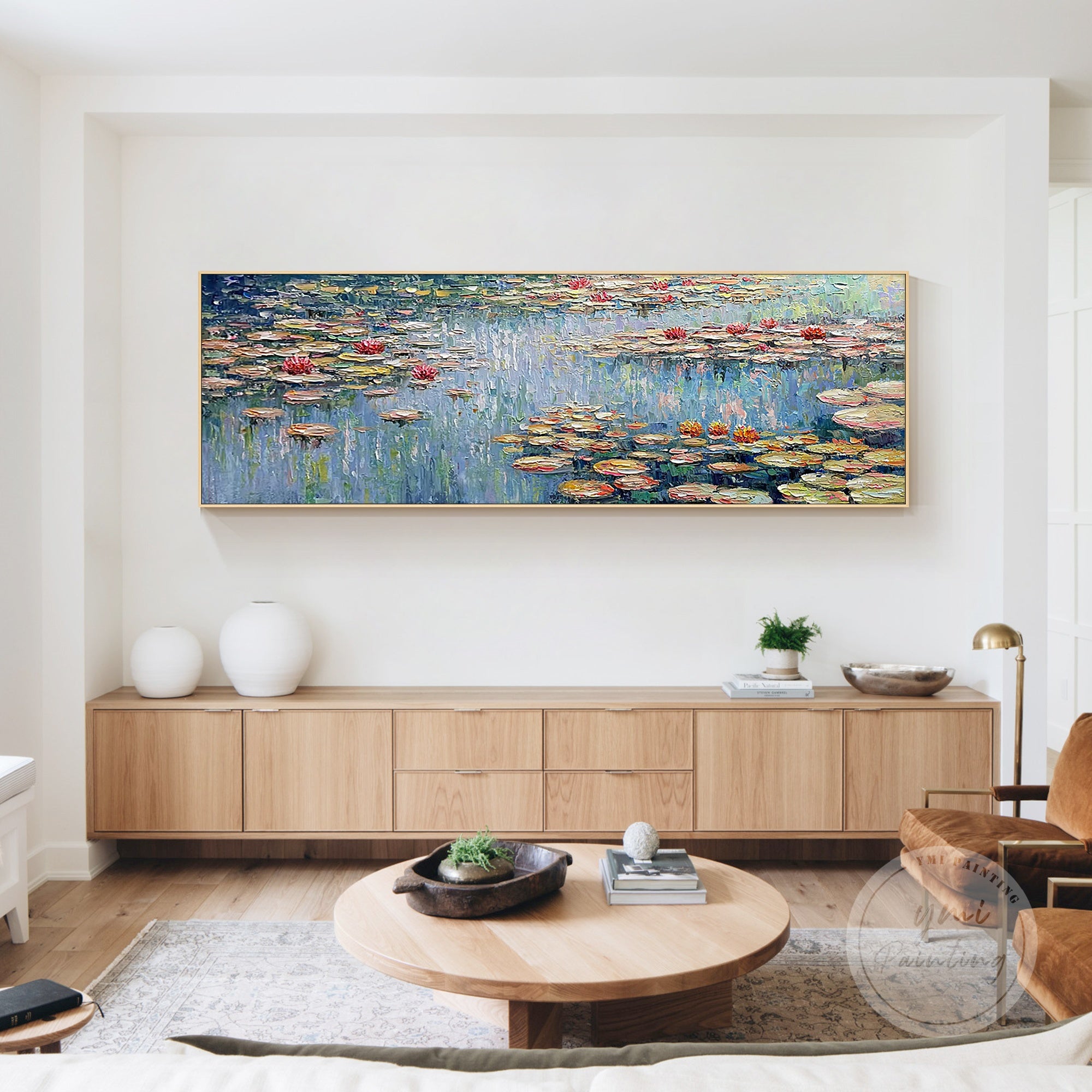 Elegant Monet water lily artwork in green and blue, ideal for calming your home or office decor.