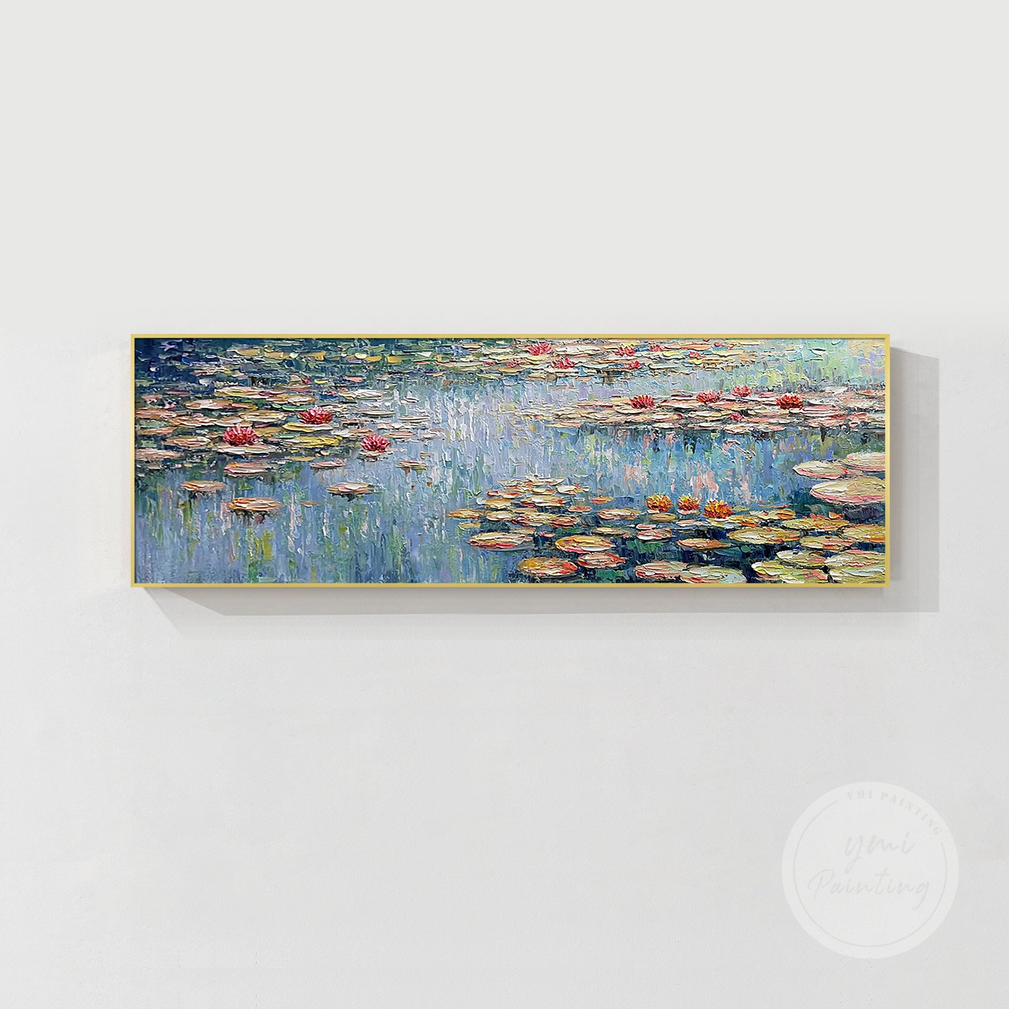 Horizontal water lily painting, a perfect blend of green and blue tones, ideal for creating a calming space.
