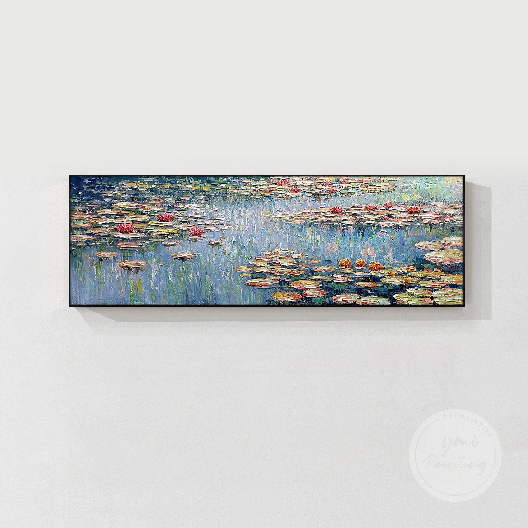 Soft green and blue water lily artwork, a stunning Monet oil painting to enhance your room’s decor.