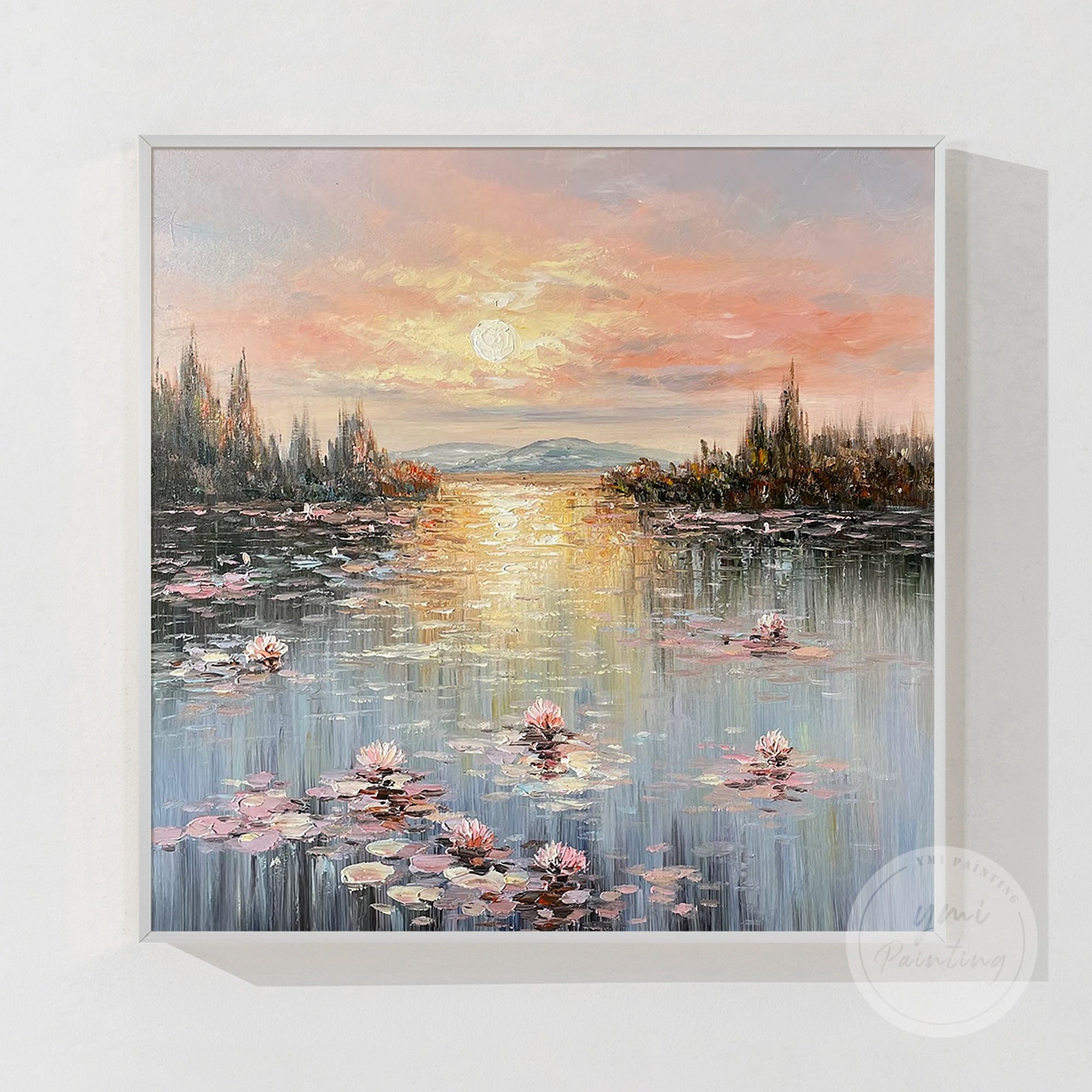 Stunning long canvas Monet water lily painting in soft pink and orange tones, perfect for creating a peaceful ambiance.