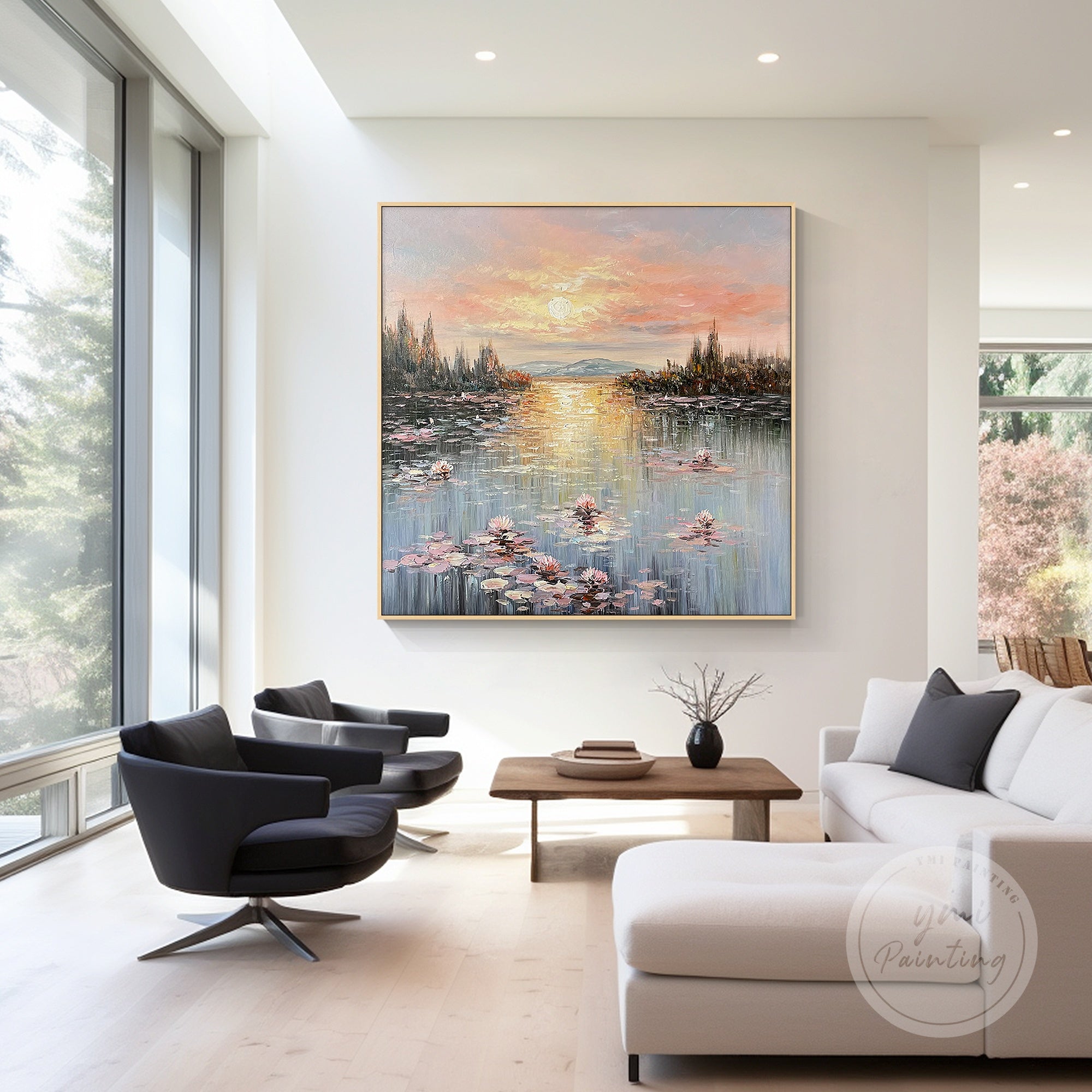 Long horizontal canvas painting of Monet's iconic water lilies, framed beautifully for an elegant touch.