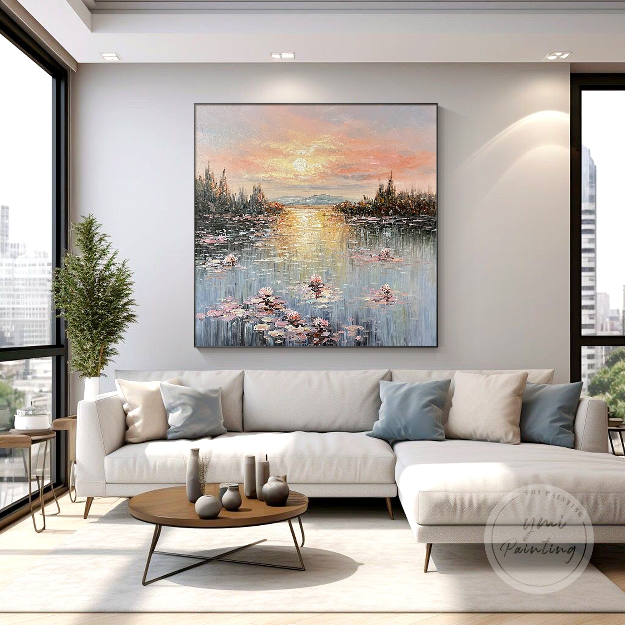 Large flower oil painting of water lilies, perfect for adding a serene and artistic vibe to your home.