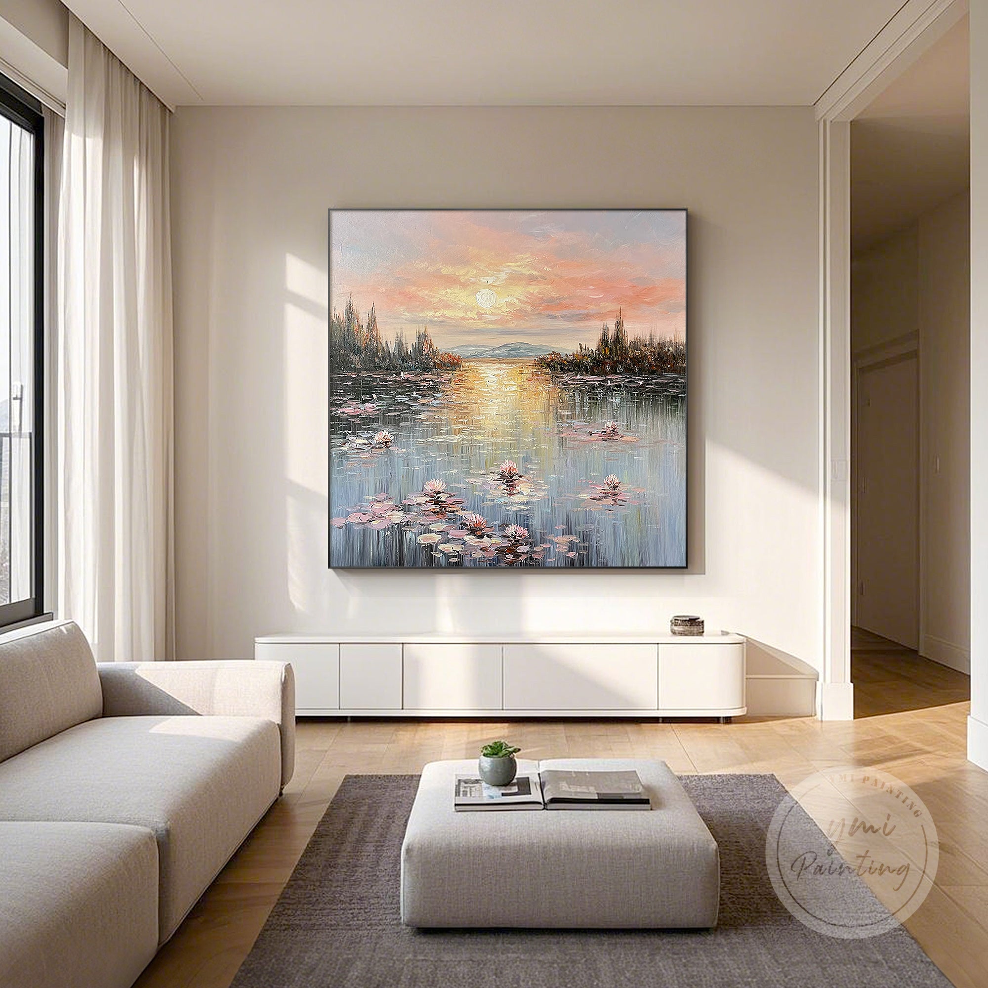 Monet-inspired water lily artwork in pink and orange tones, perfect for adding color and tranquility to your space.
