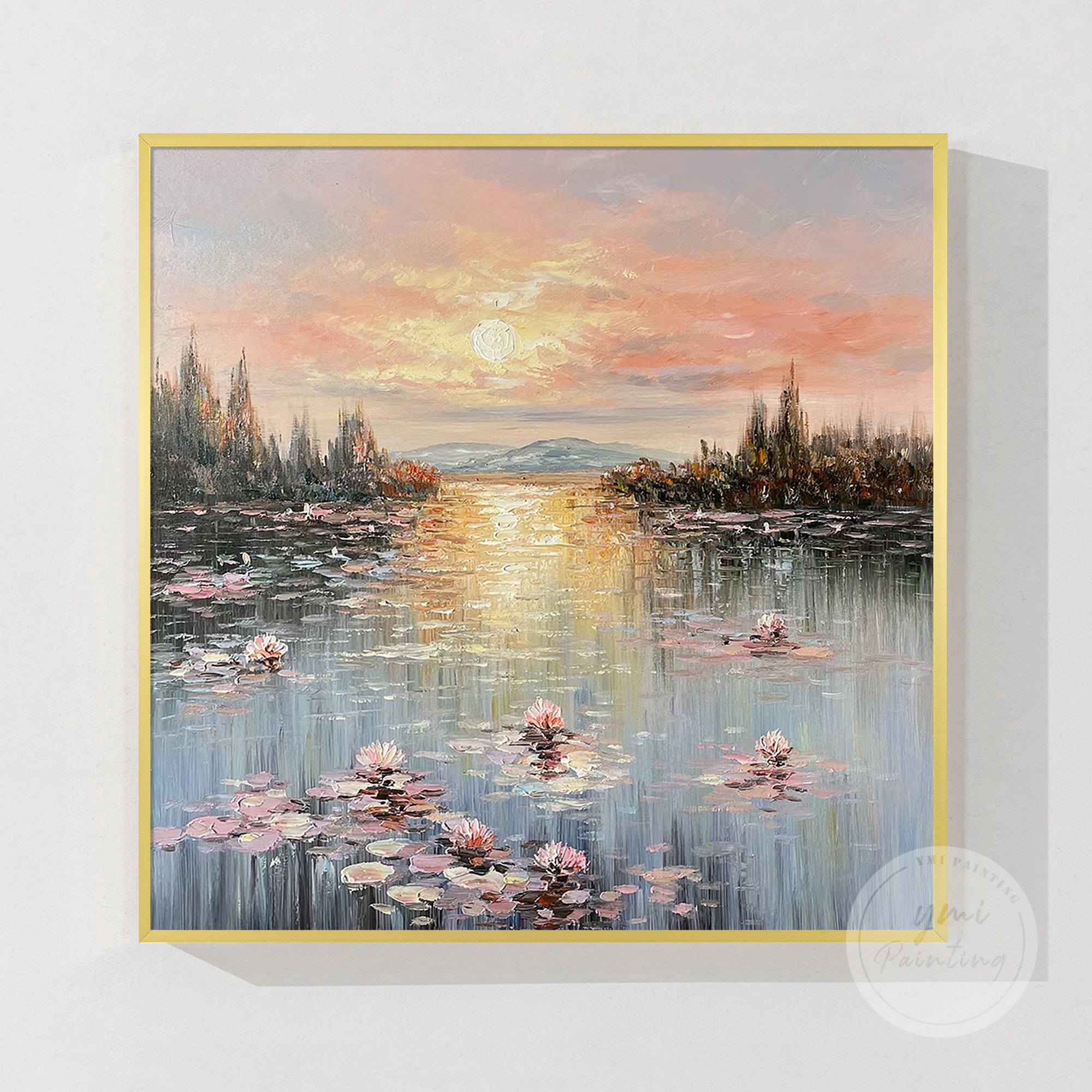 Horizontal water lily painting in Monet’s style, designed to bring a sense of calm and beauty to your living room or office.