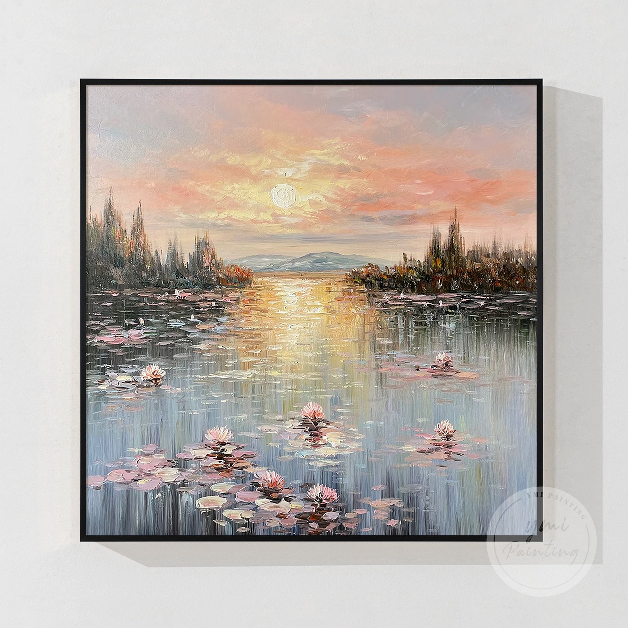 Elegant pink and orange water lily artwork, bringing Monet’s masterpiece to your walls with sophistication.
