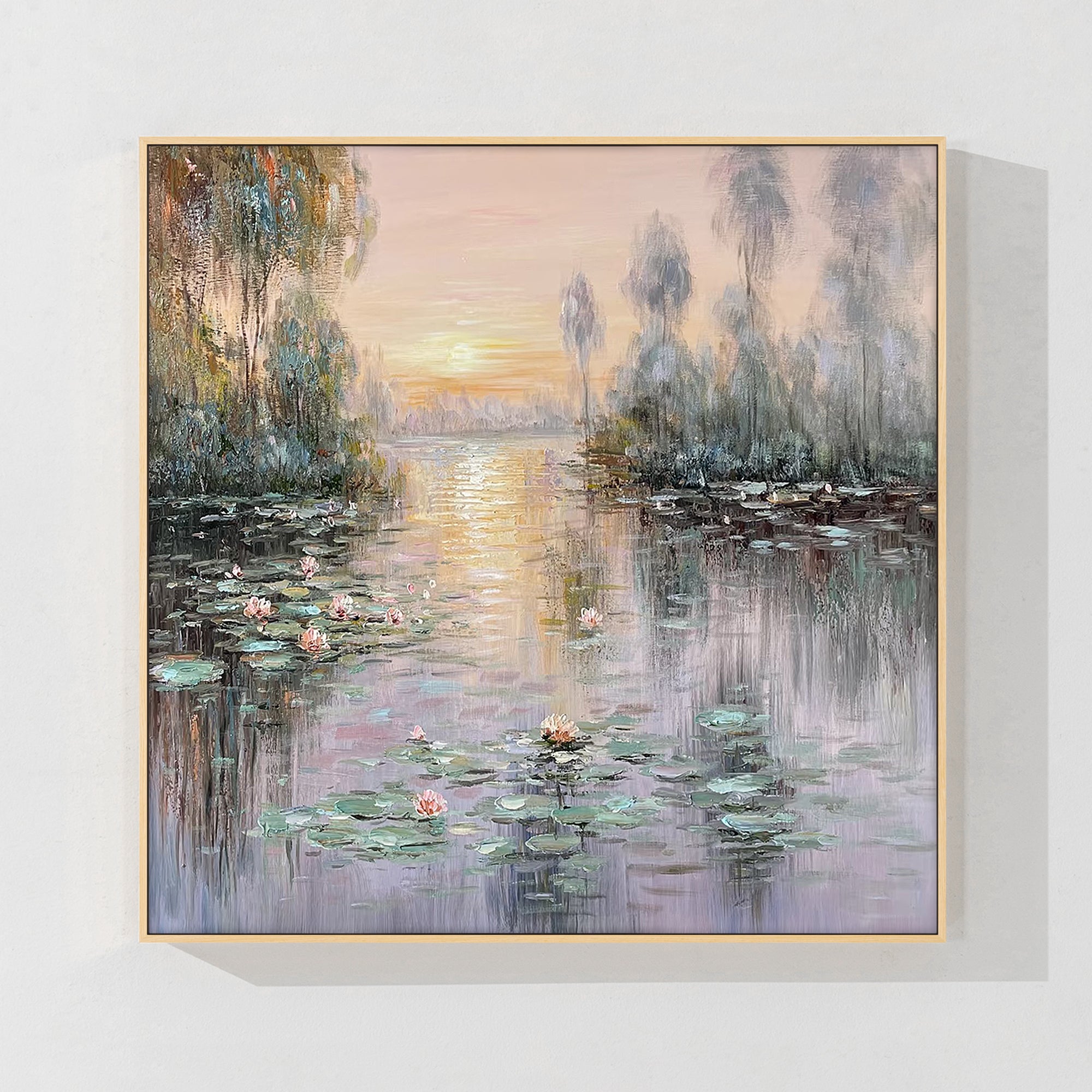 Classic Monet water lilies painting in purple and green tones, offering a serene and calming atmosphere for your home decor.