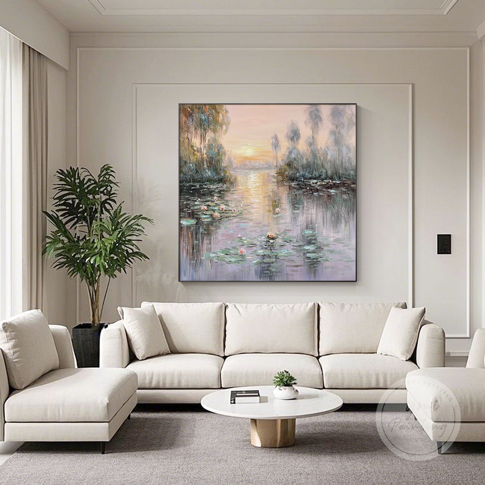 Long horizontal canvas painting of Monet’s famous water lilies, beautifully framed for a luxurious touch to your walls.