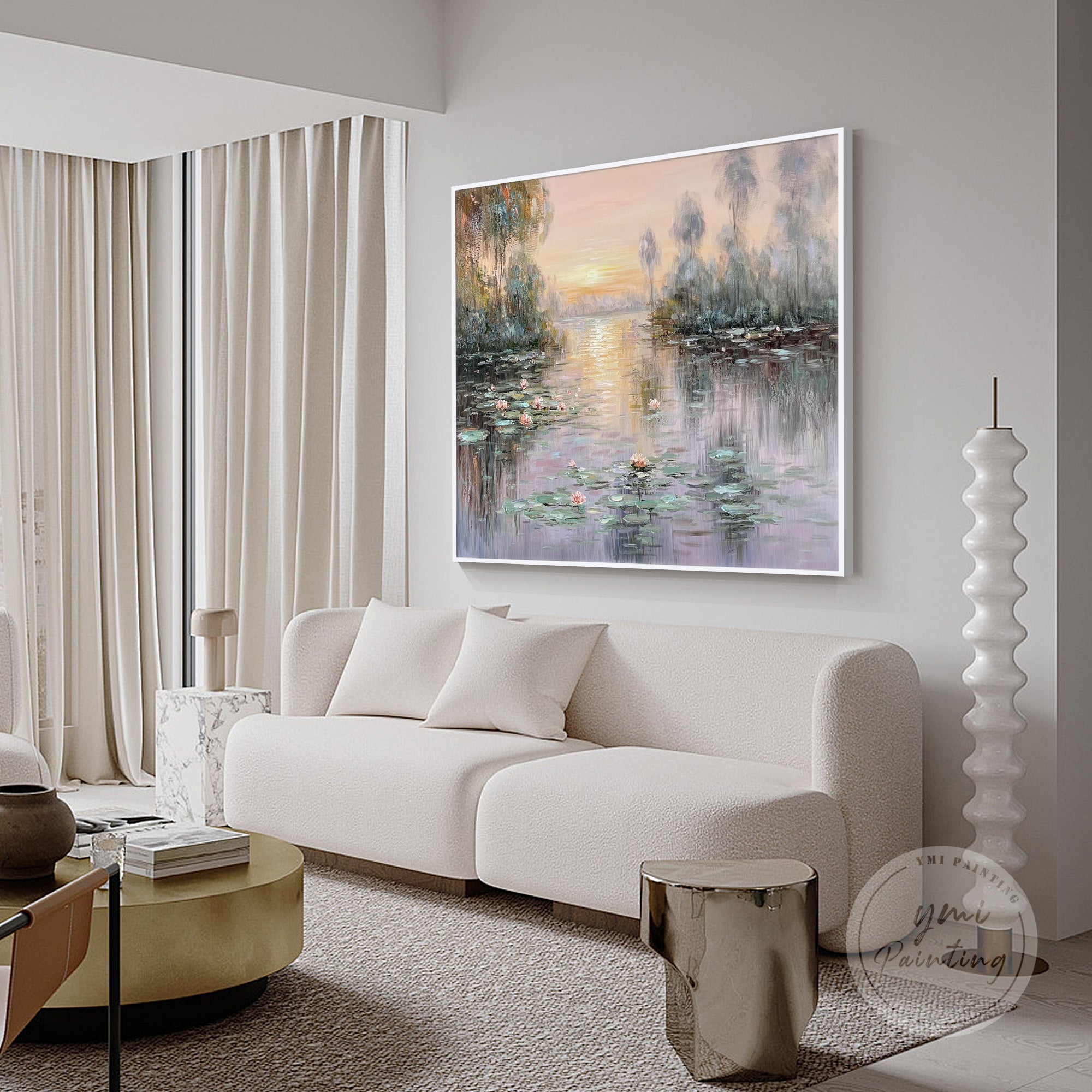 Impressionist-style oil painting of a lotus pond, capturing the peaceful ambiance of Monet's garden in soft, calming hues.