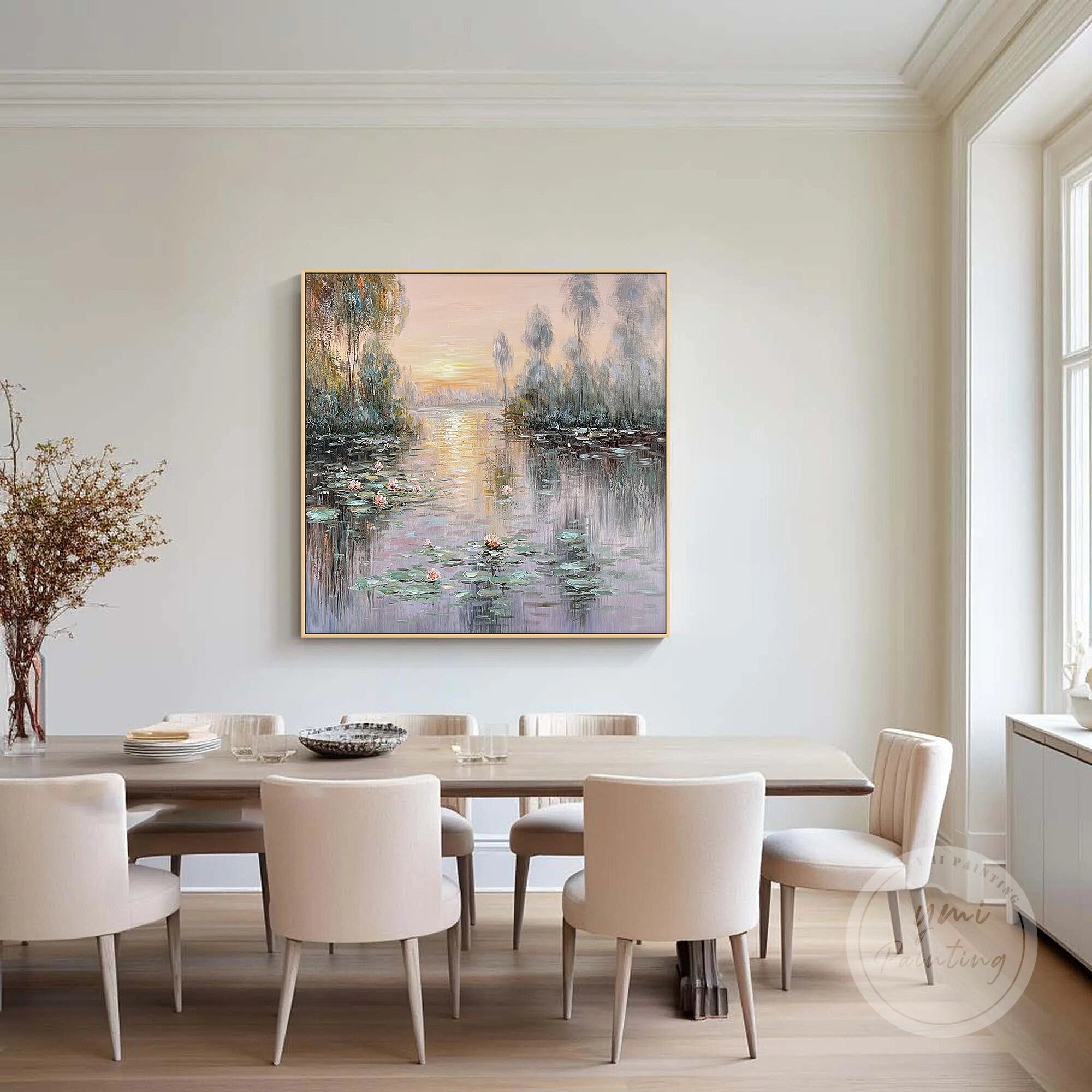 Large flower oil painting in purple and green tones, perfect for enhancing modern or classic interiors.