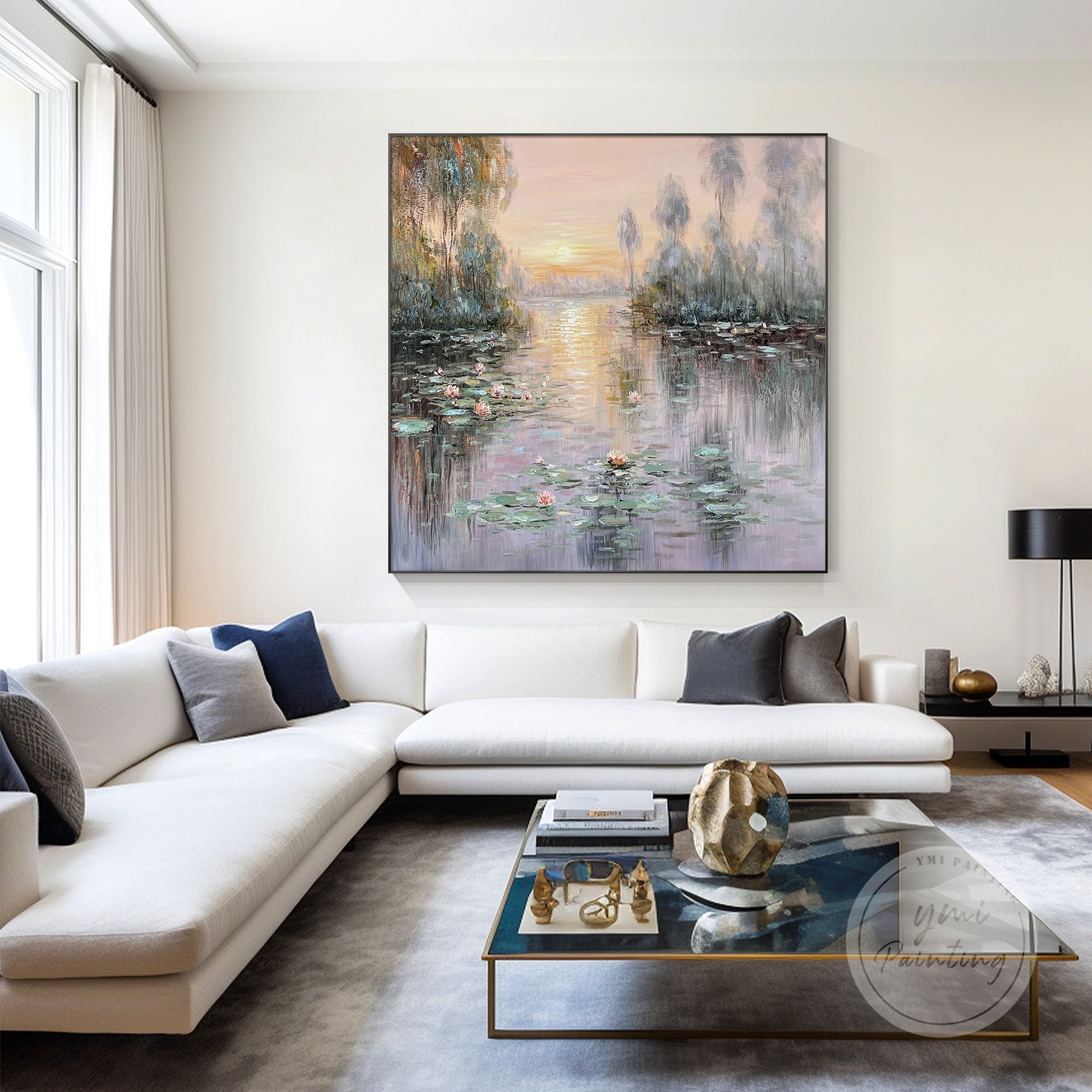 Framed Monet water lily artwork, a timeless piece of Impressionist floral art, ideal for large wall spaces.