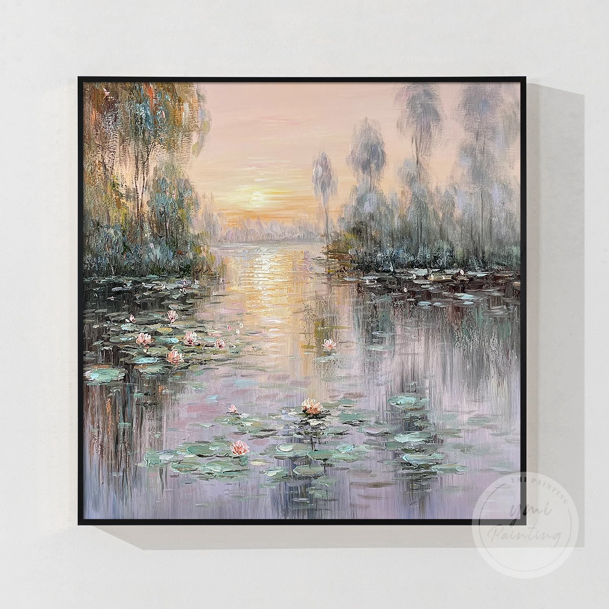 Purple and green-tone water lilies artwork, a luxurious addition to any home or office wall.
