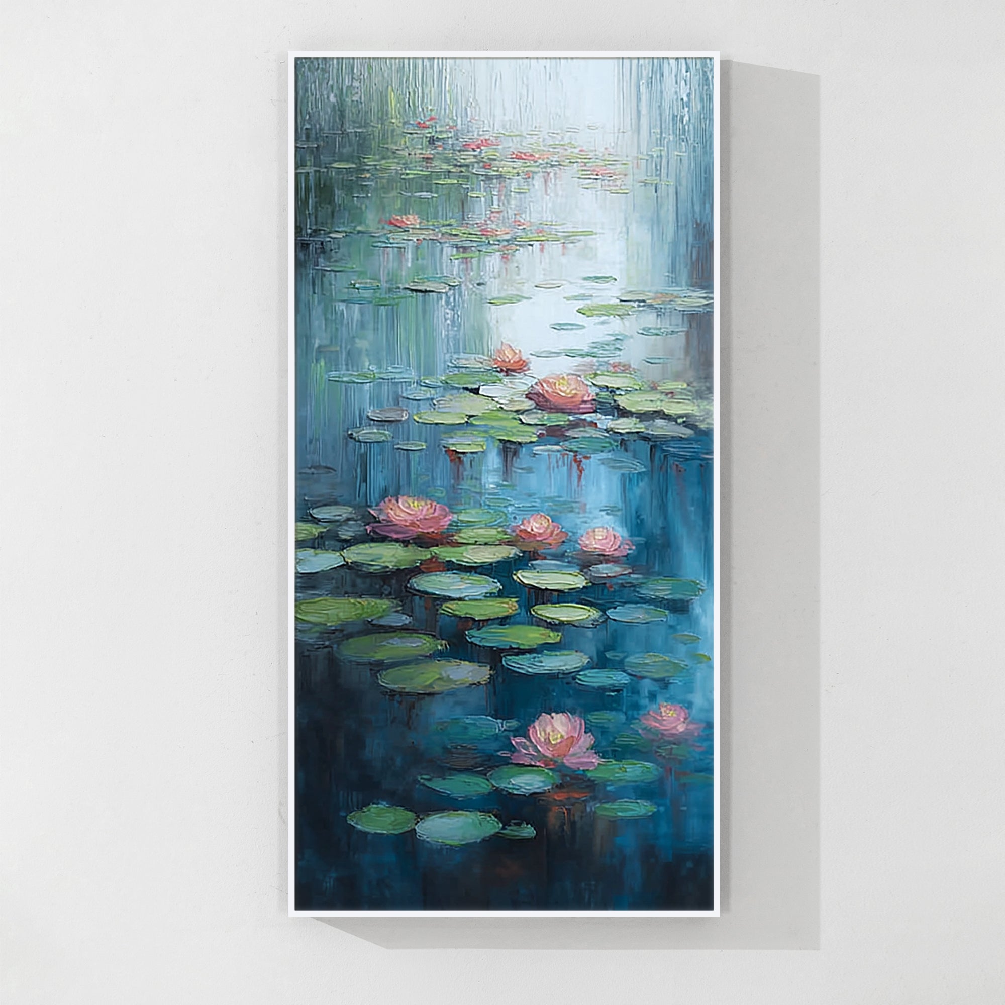 Large vertical lotus pond painting inspired by Monet’s impressionist style, with vibrant water lilies and soft water reflections.
