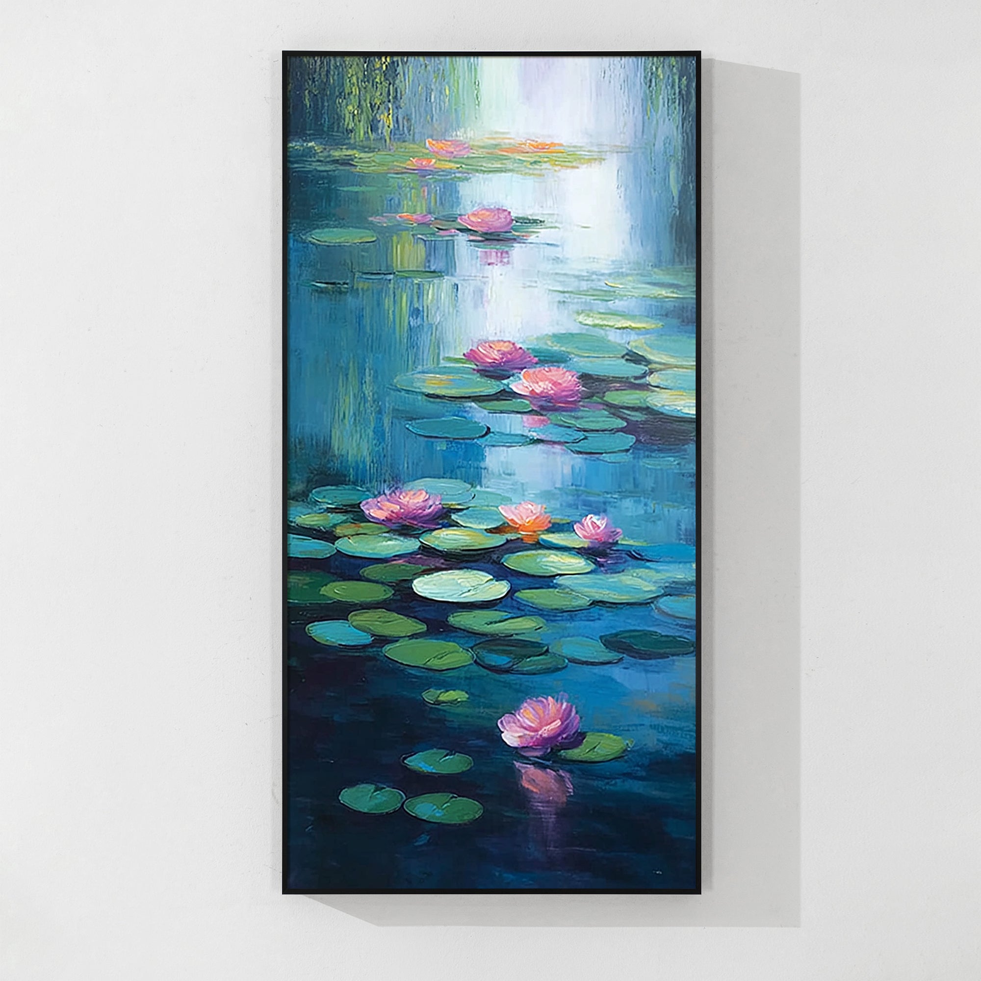 Monet-inspired lotus flower painting capturing the serenity of a lily pond in vibrant oil colors.