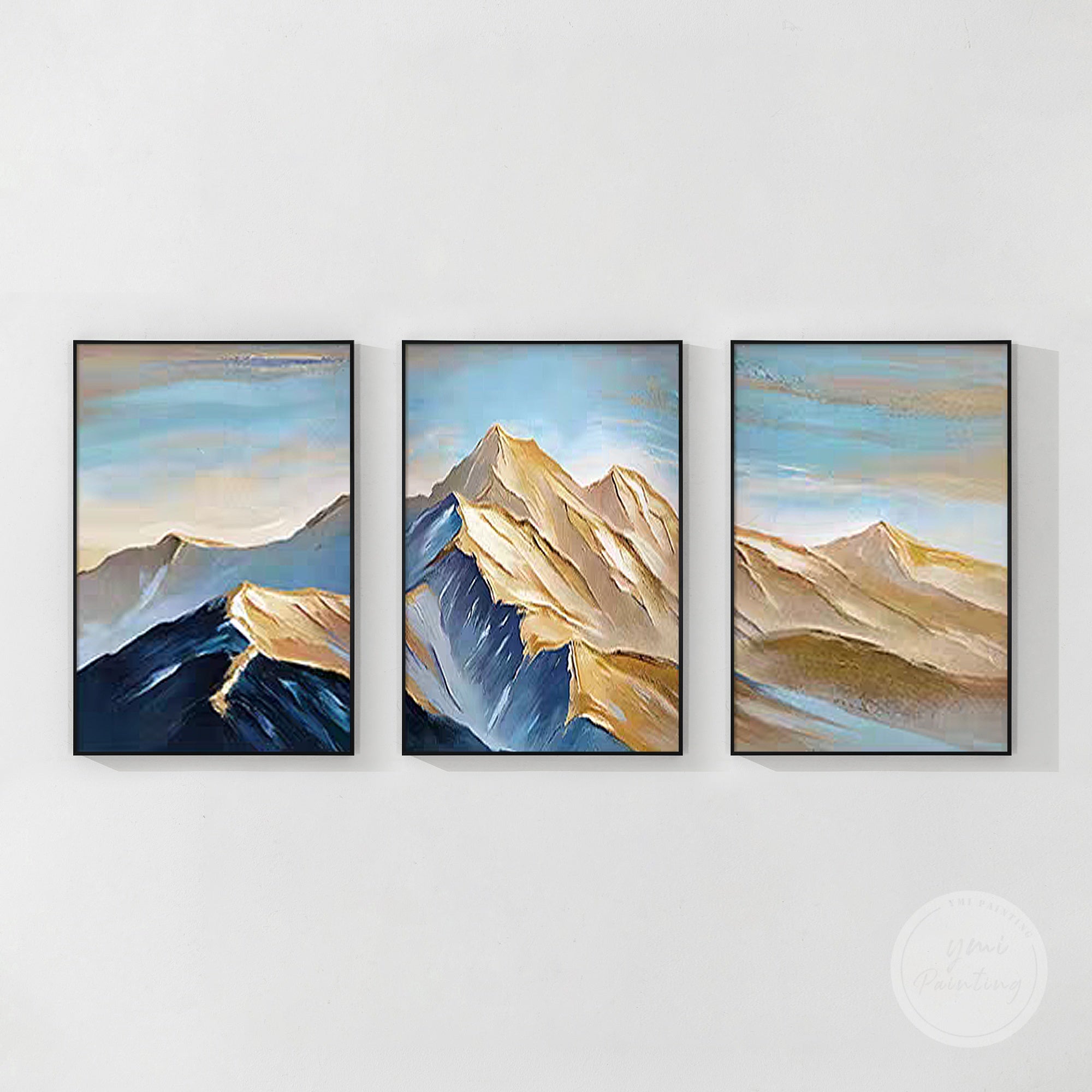Set of 3 abstract mountain wall art featuring teal, navy, and gold palette knife textures.
