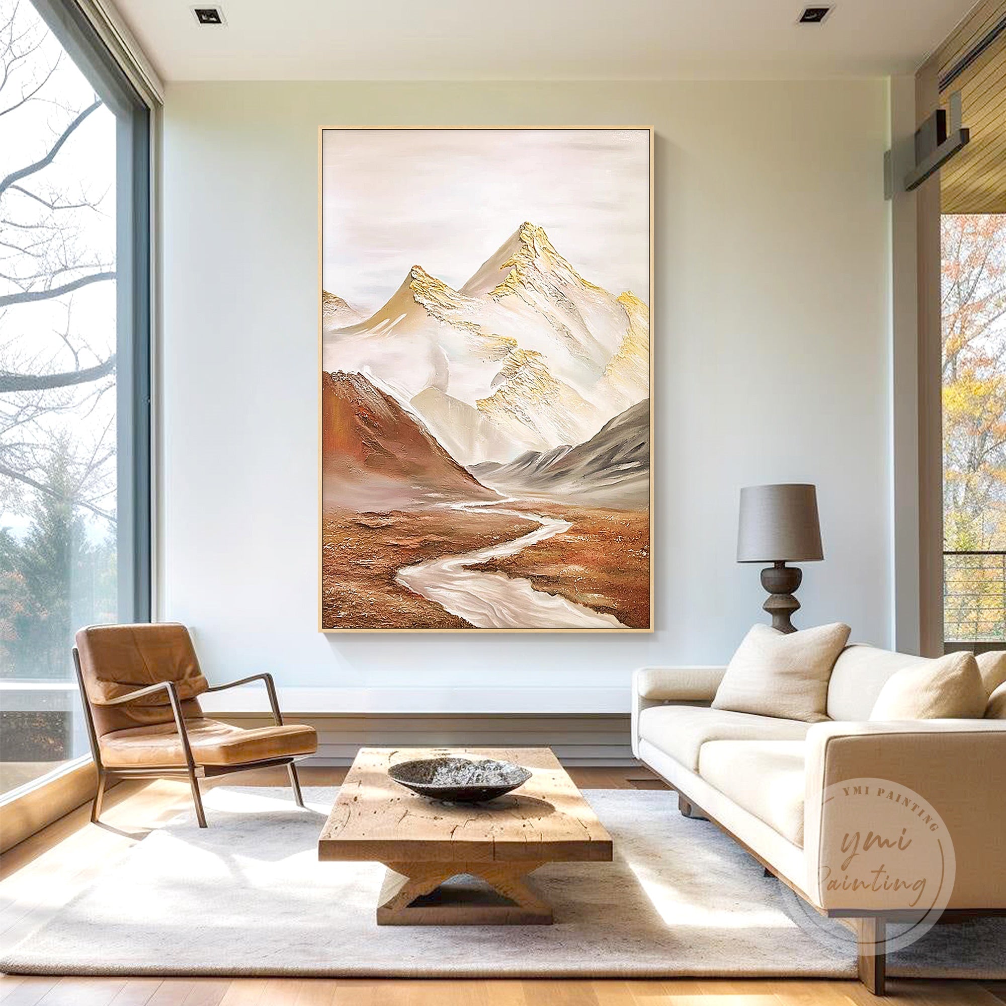 Extra large abstract mountain painting with gold snow-capped peaks and soft ochre valley, ideal for adding elegance to your living space.