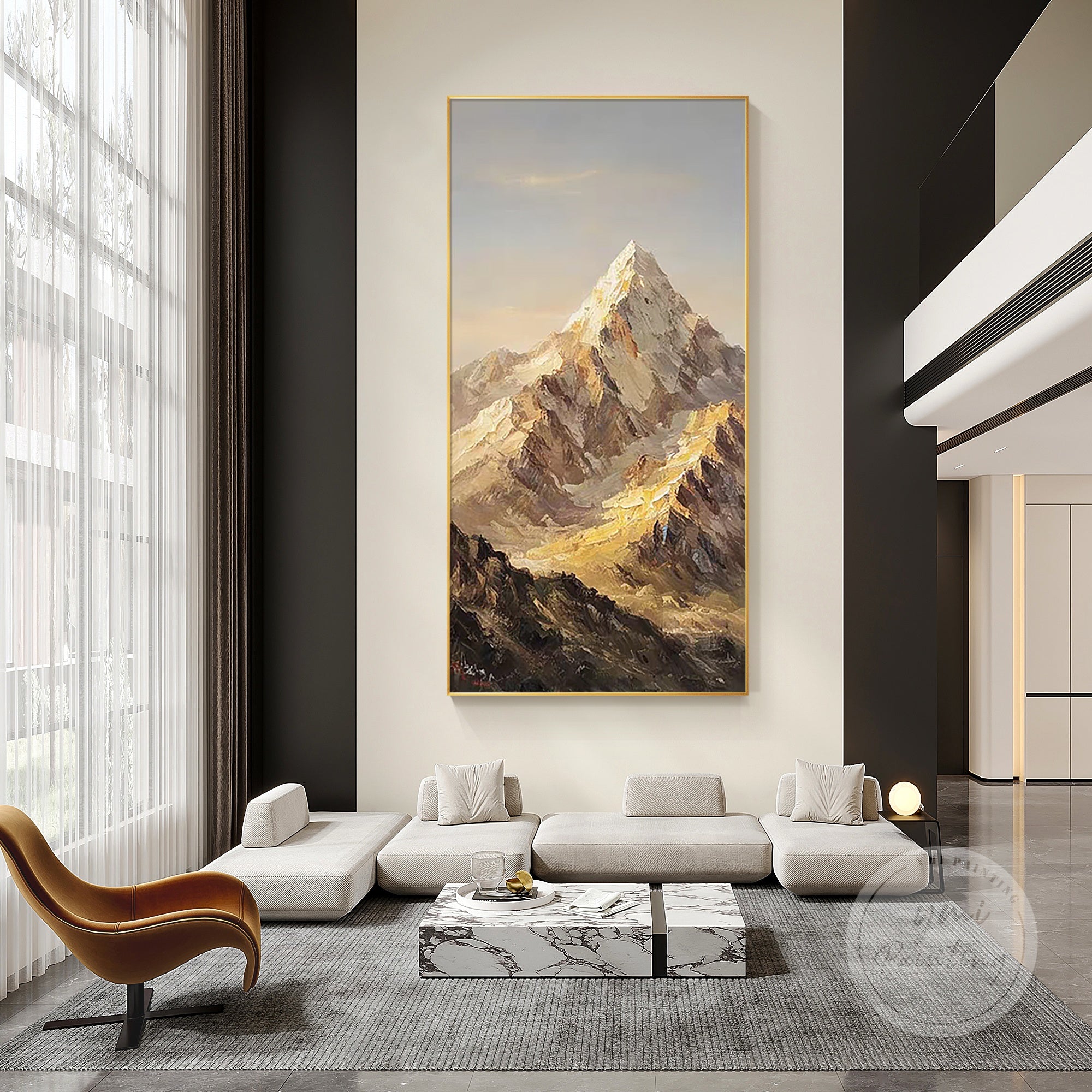 Luxury golden mountain sunset wall art, featuring warm browns and golds, perfect gift for nature lovers, ideal for enhancing office or living room décor.