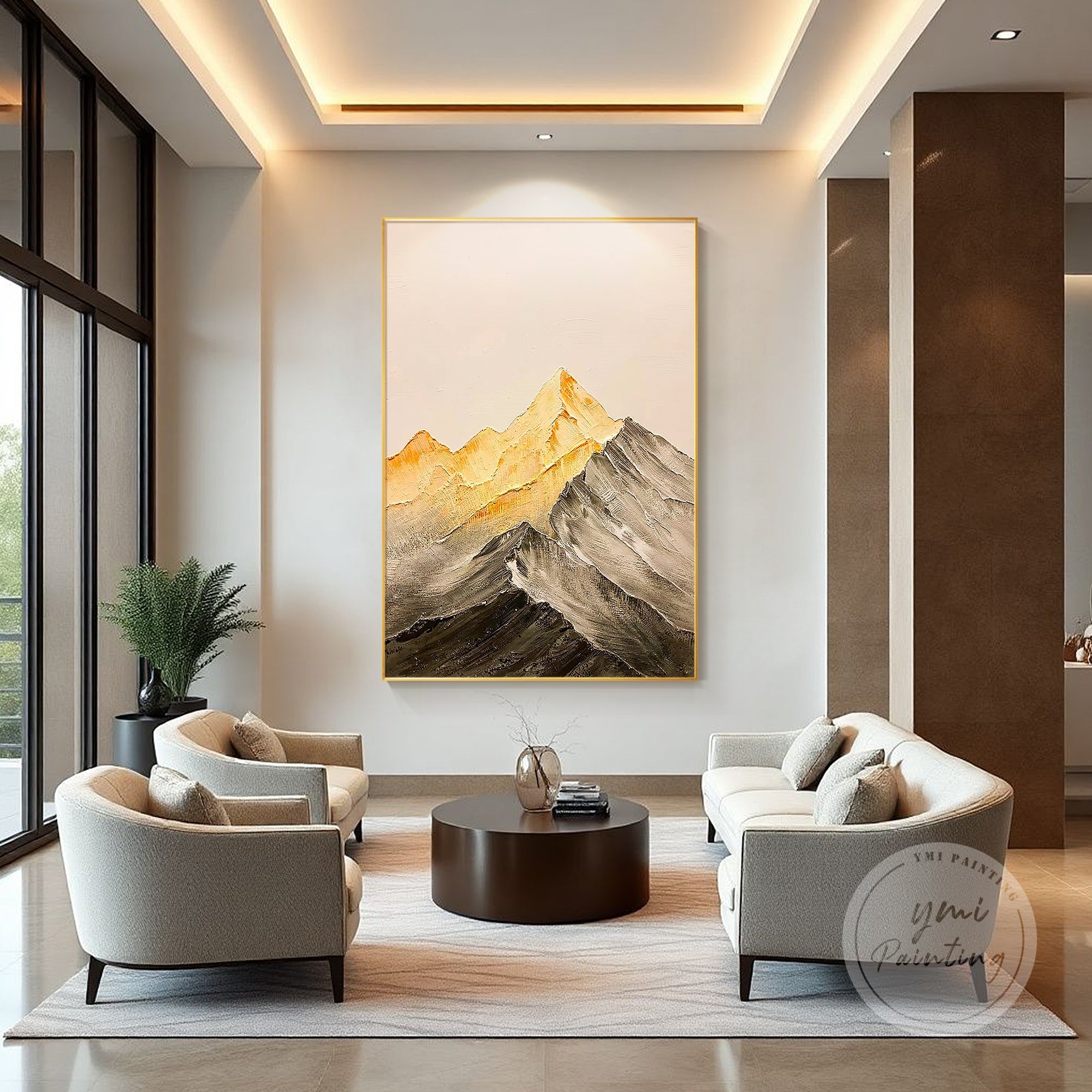 Original gold mountain landscape painting using palette knife technique, a luxurious gift for art lovers, perfect for enhancing modern living rooms or offices.