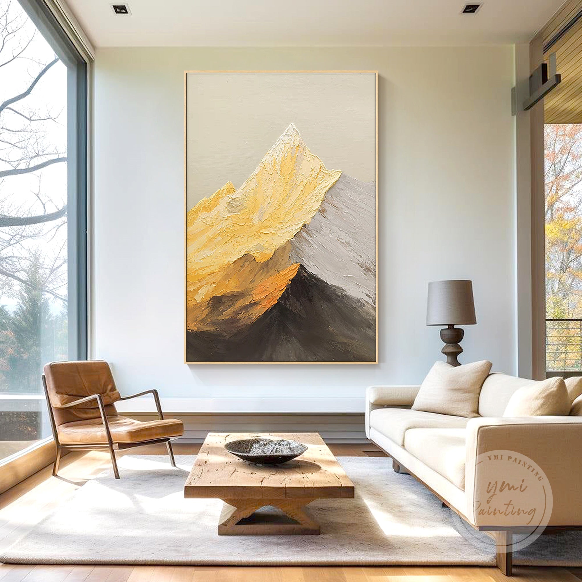 Luxury golden landscape painting depicting mountain silhouettes, an ideal gift for professionals or executives, adding depth and tranquility to office conference rooms or private studies.