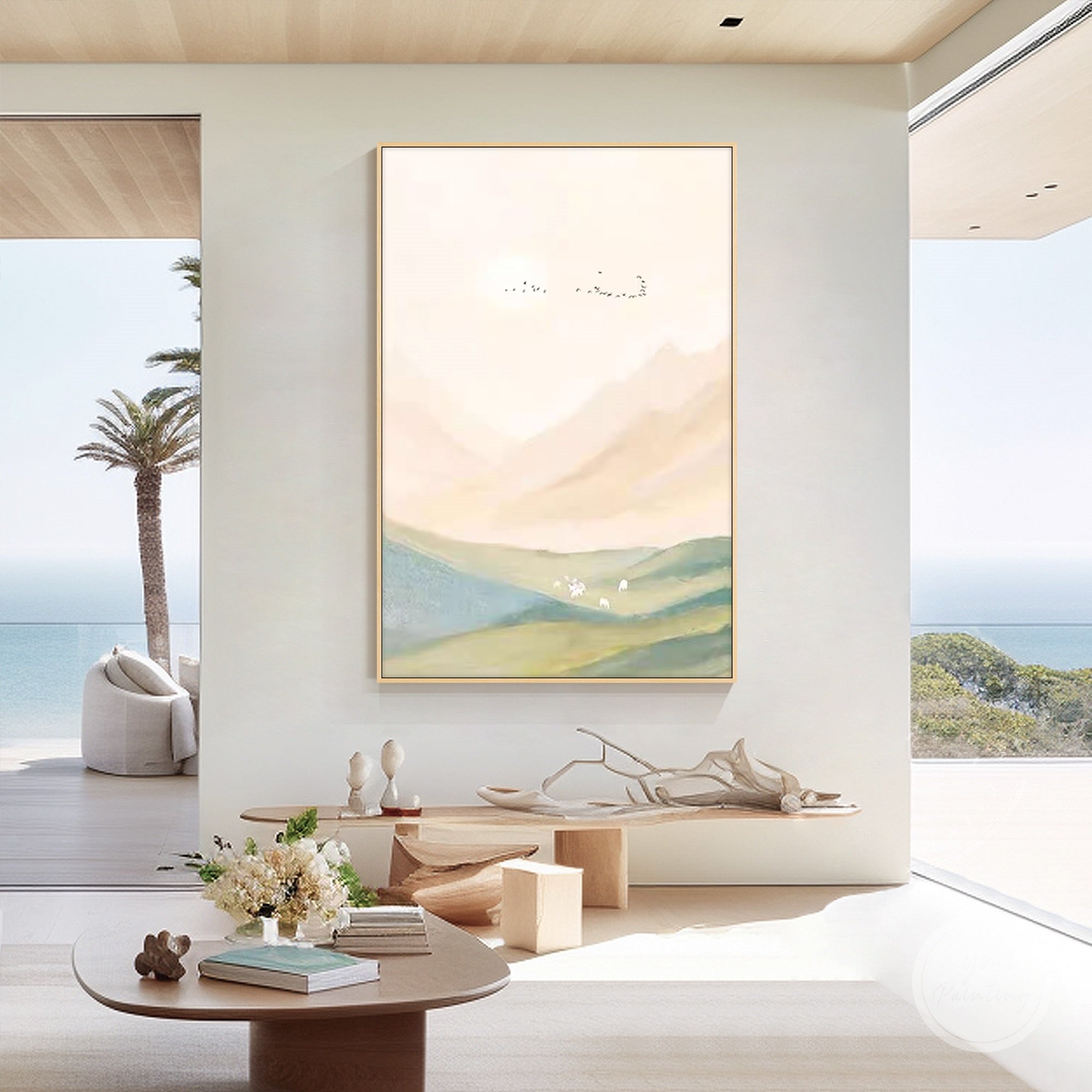 Mountain and green grass landscape with soft sky