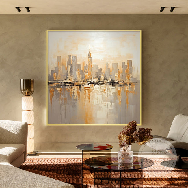 Sunset-inspired New York skyline painting in orange and gray, ideal for modern interiors.