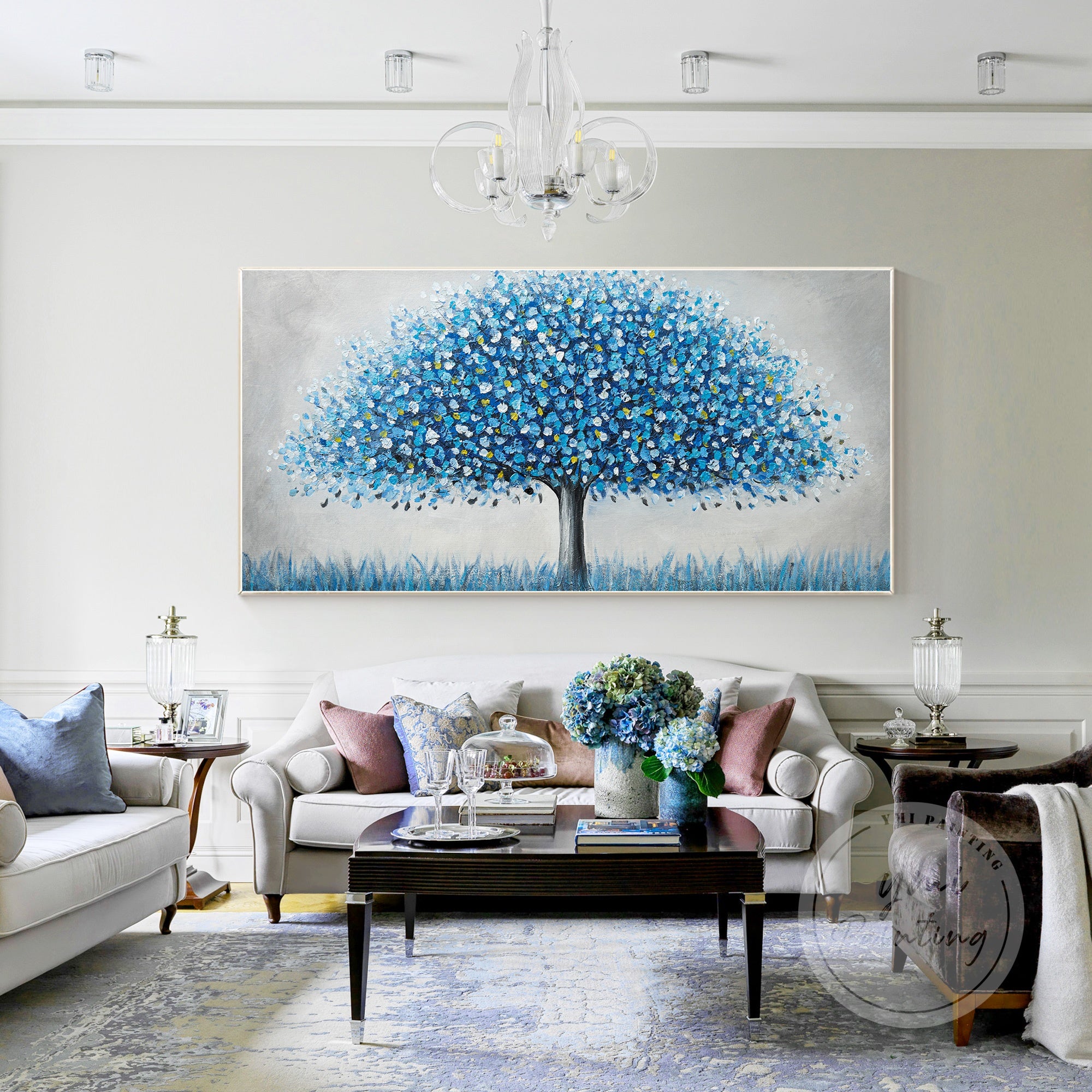 "Vibrant modern art painting featuring a large blue tree"
