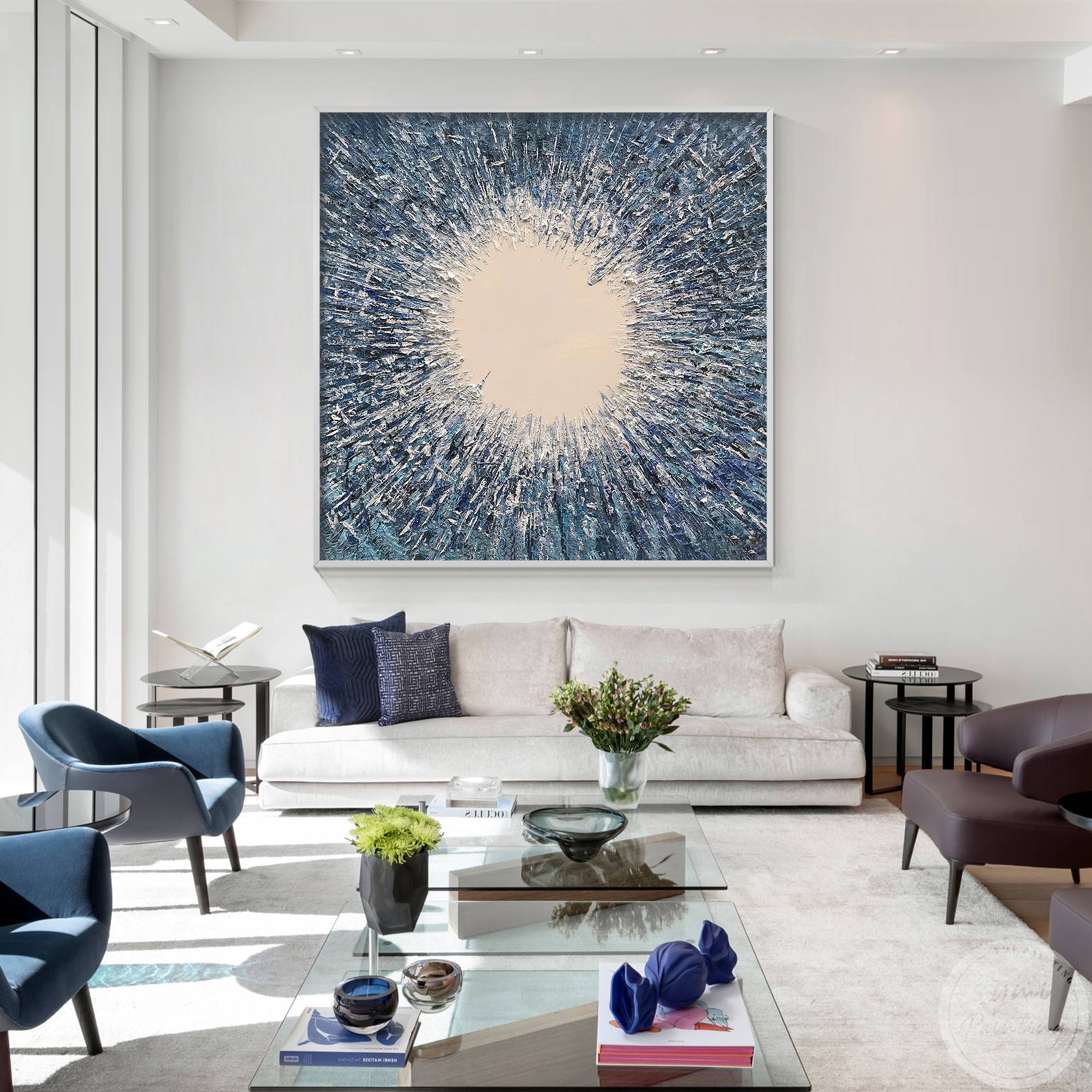 Contemporary abstract art featuring textured layers of navy blue, silver, and beige, evoking energy and elegance for modern living rooms and bedrooms.