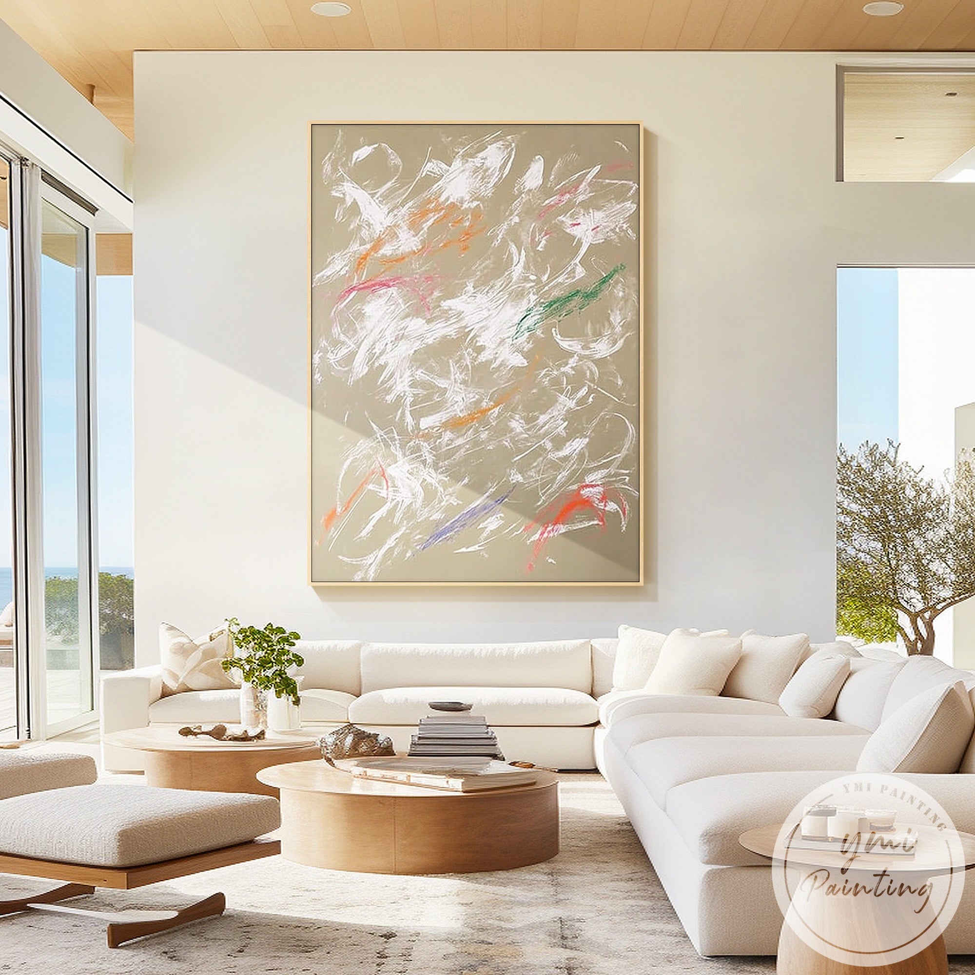 Hand painted abstract artwork with white gestural brushstrokes