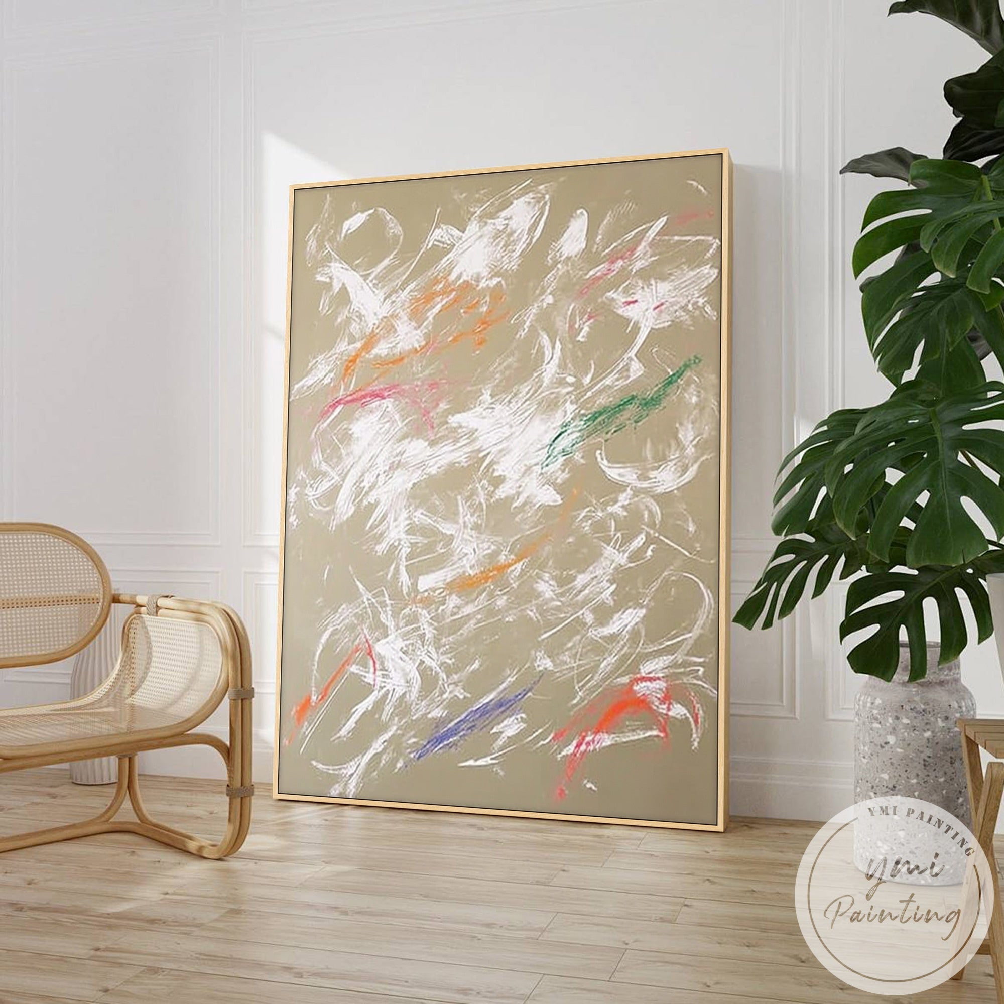 Contemporary beige abstract painting with colorful accents