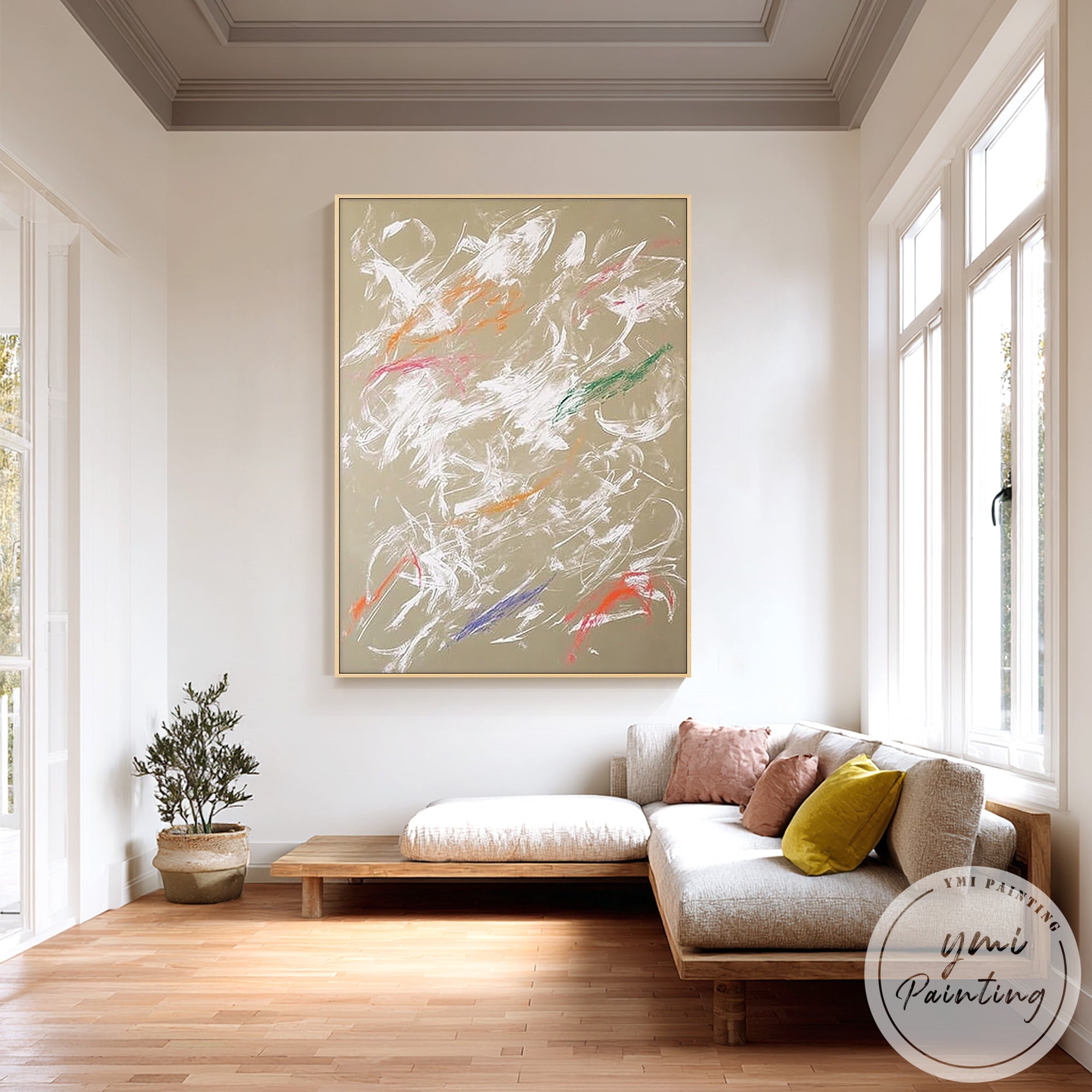 Abstract expressionist painting in beige and white tones