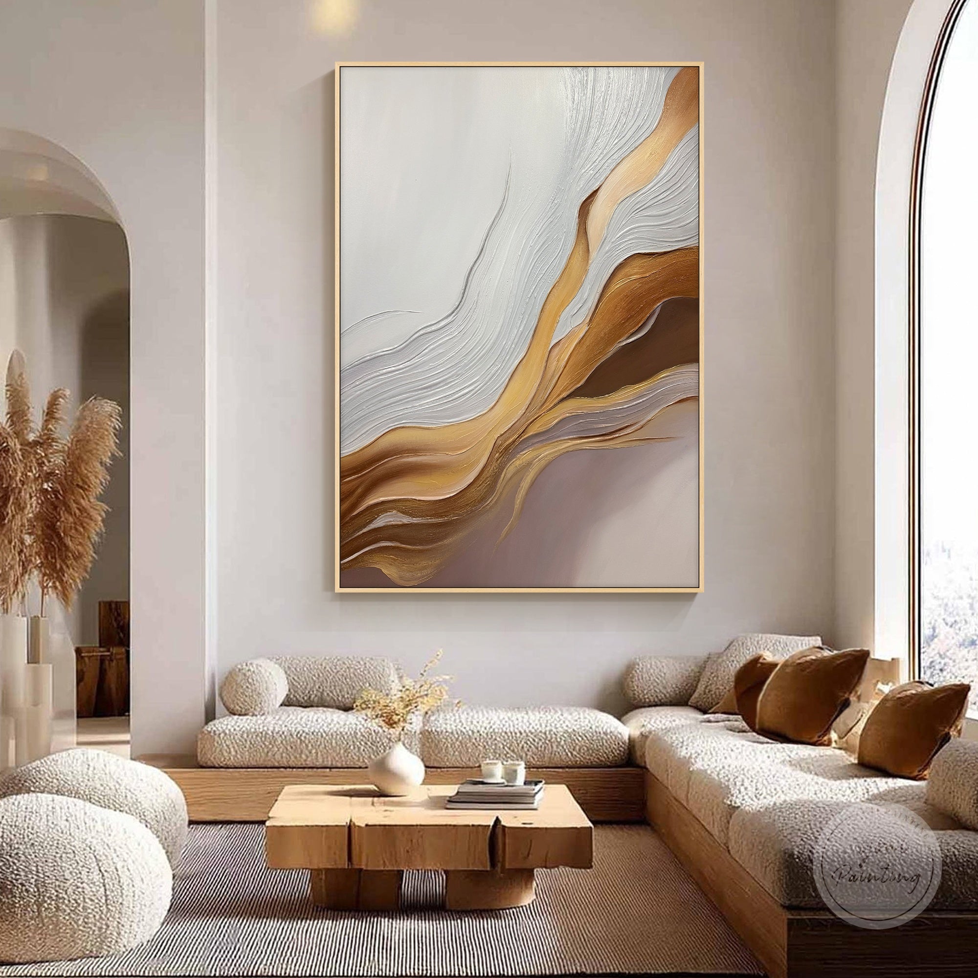 Modern abstract wall art with sculptural texture displayed in a high-end apartment, stylish gift for homeowners