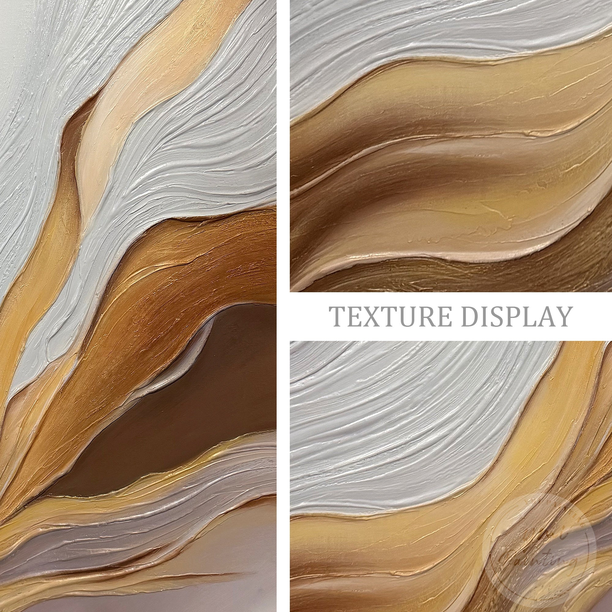 Modern abstract wall art in beige and champagne tones displayed in a luxury bedroom, thoughtful gift for couples