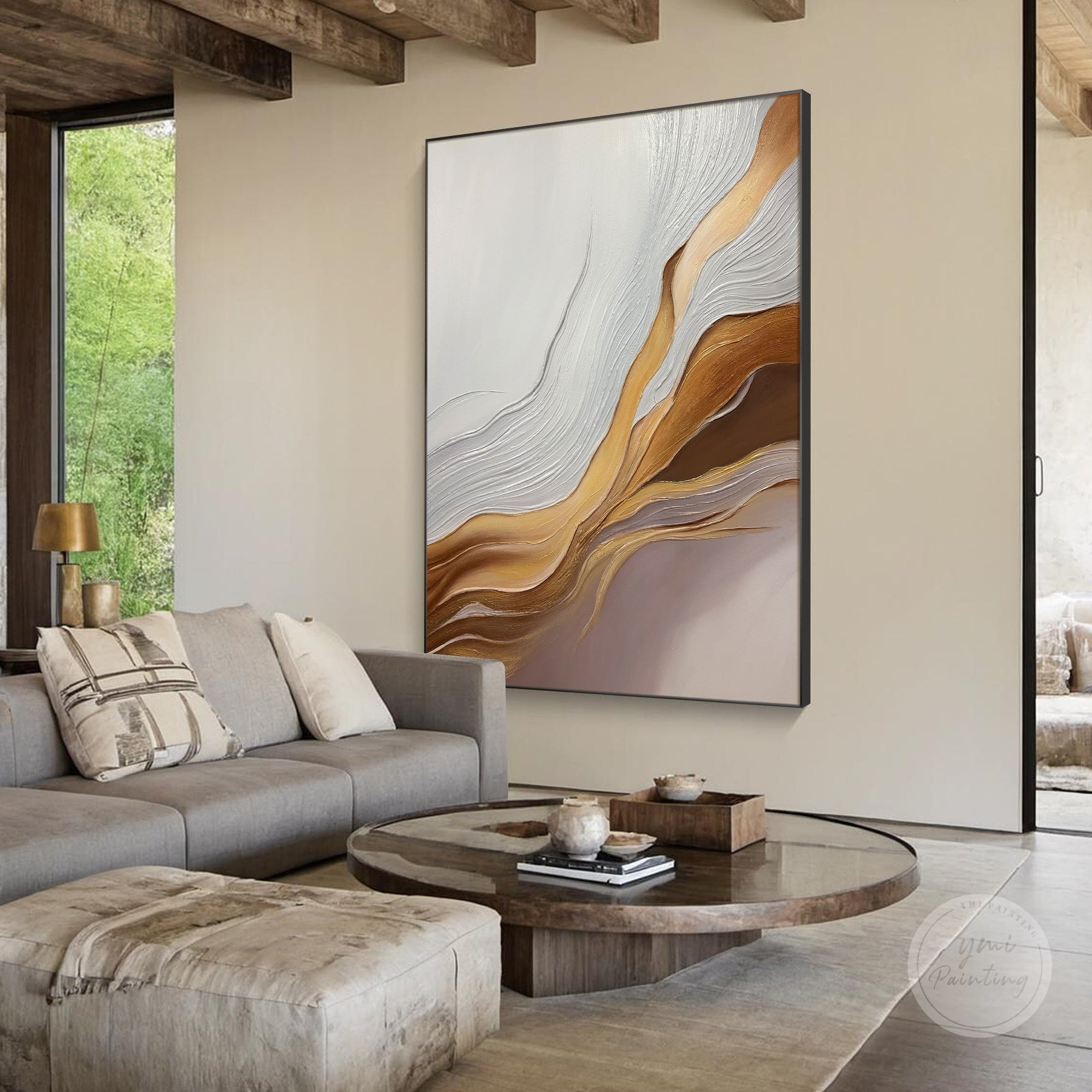Neutral tone abstract painting above a console table in a modern hallway, tasteful gift for new homes