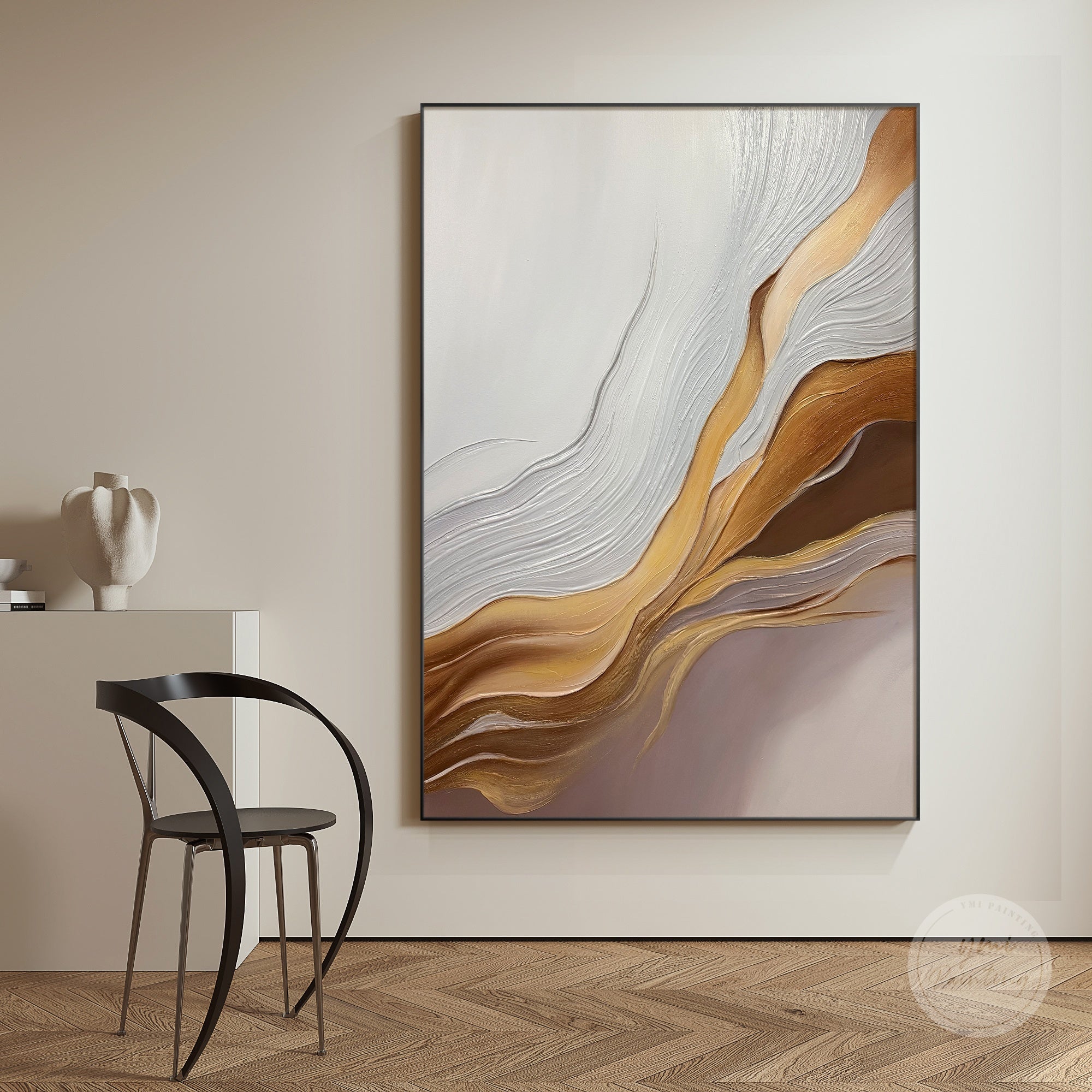 Elegant textured abstract painting hanging in a calm reading nook, perfect gift for interior design lovers